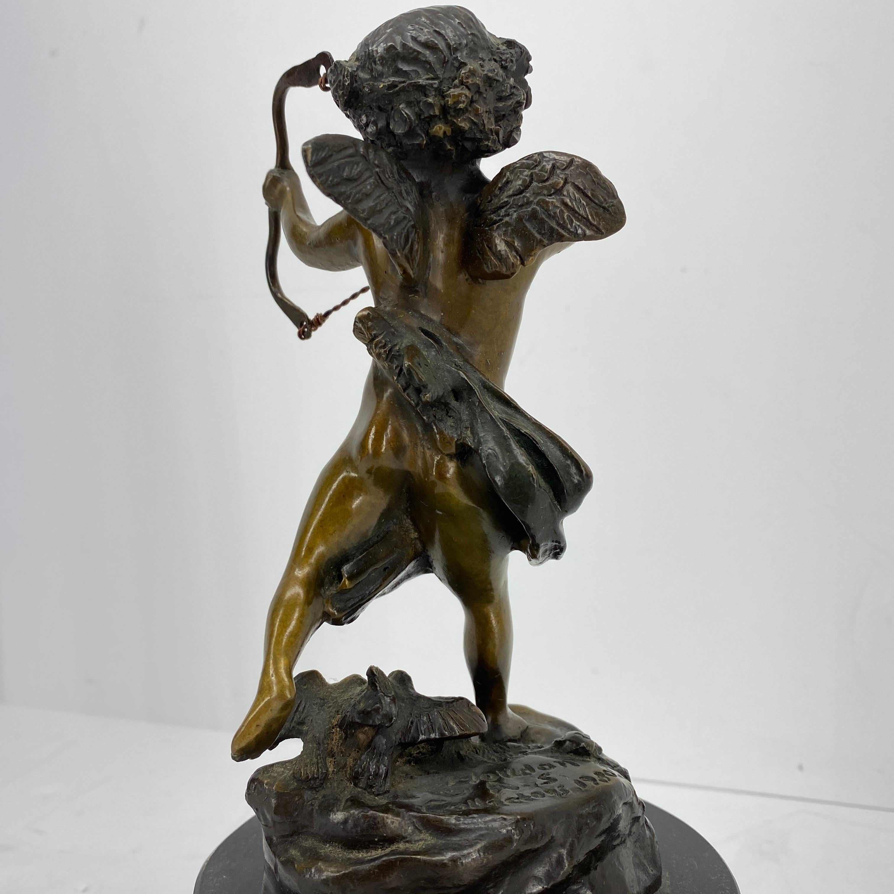 Neoclassical Vintage Bronze Sculpture of Cupid on Black Marble Base after Houdon
