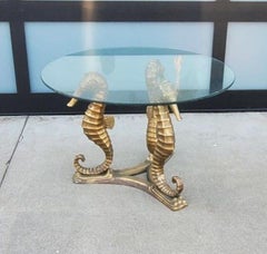 Vintage Bronze Seahorse Sculptured Cocktail / Coffee Table W Original Glass Top