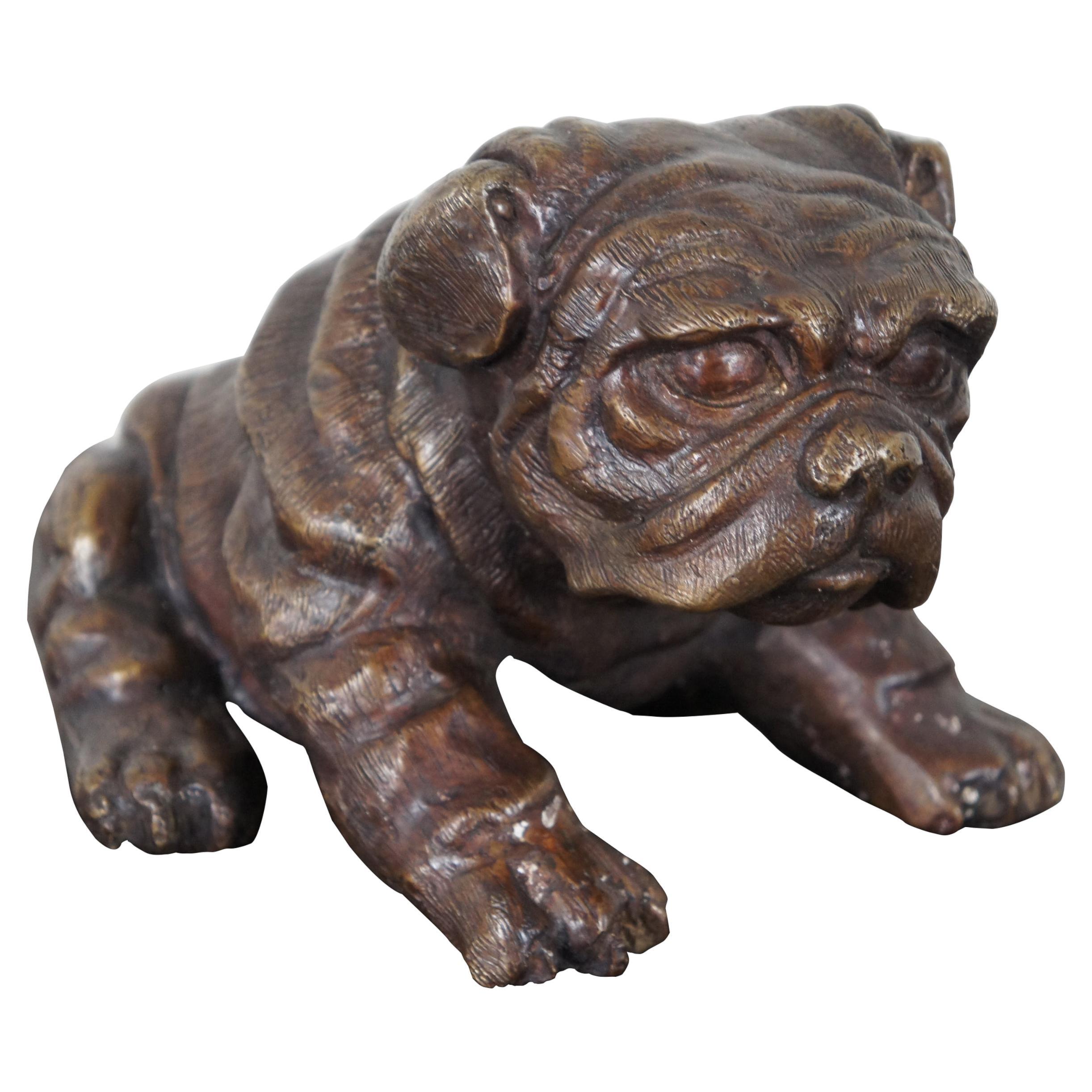 Vintage Bronze Seated Bulldog Puppy Dog Figurine Sculpture Paperweight