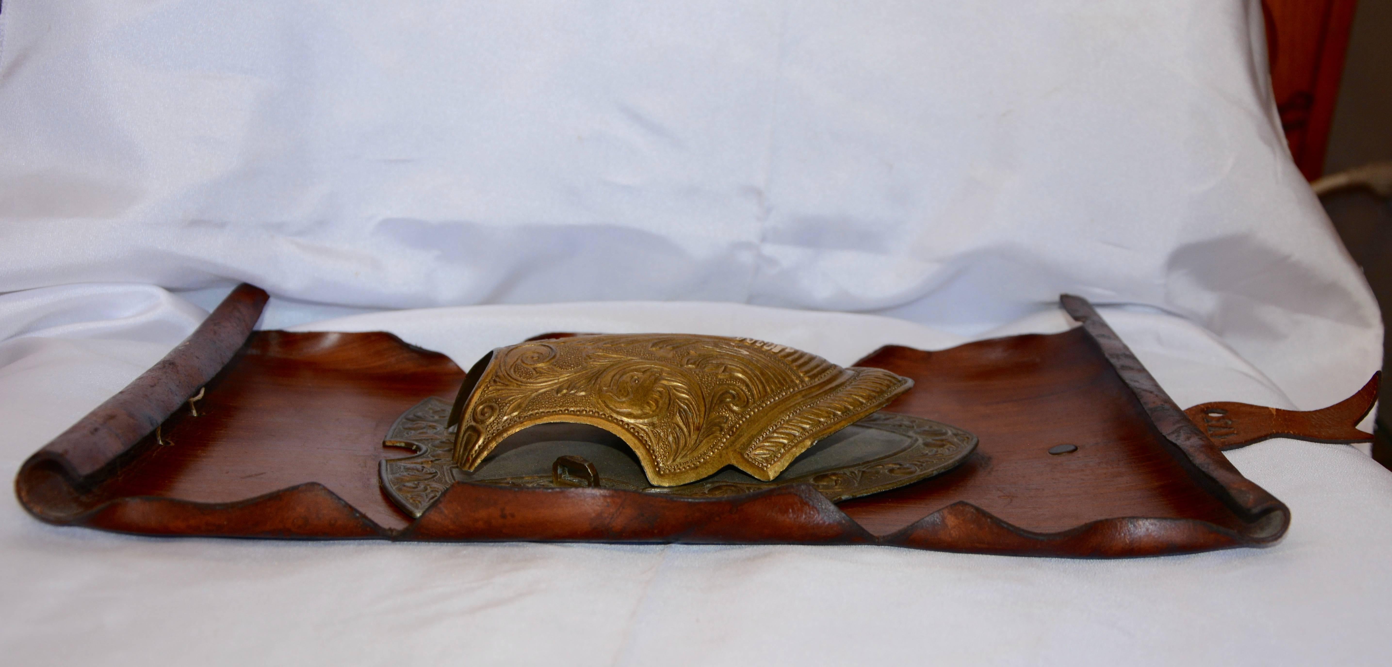 20th Century Bronze Shield on Rustic Leather Scroll Wall Hanging For Sale
