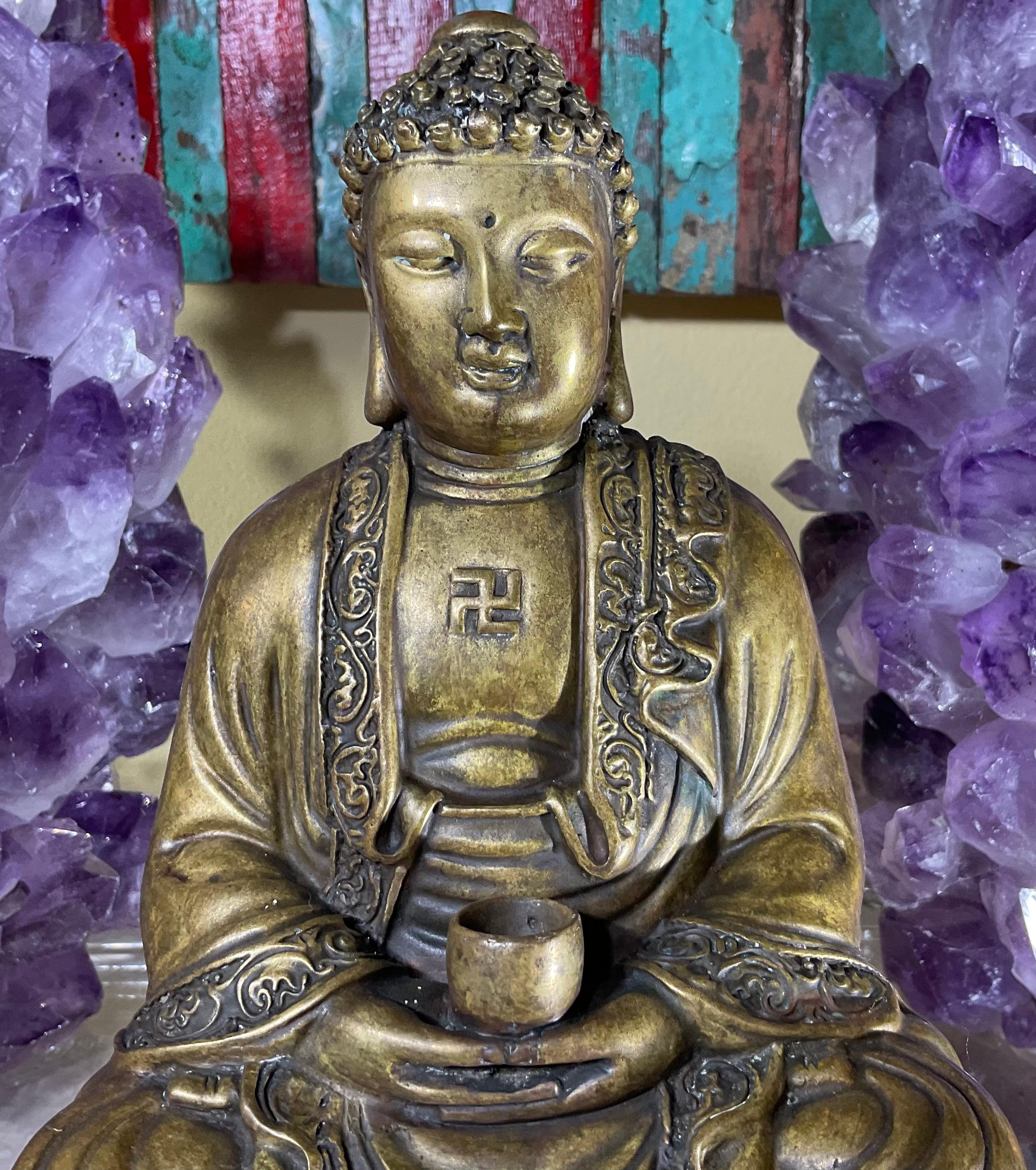 Vintage Bronze Siting Buddha Mounted on Wood Base 5