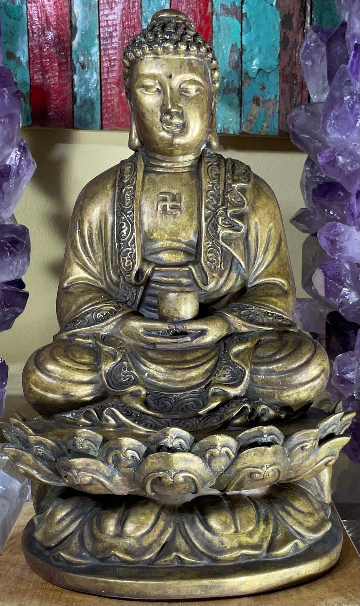 Thai Vintage Bronze Siting Buddha Mounted on Wood Base