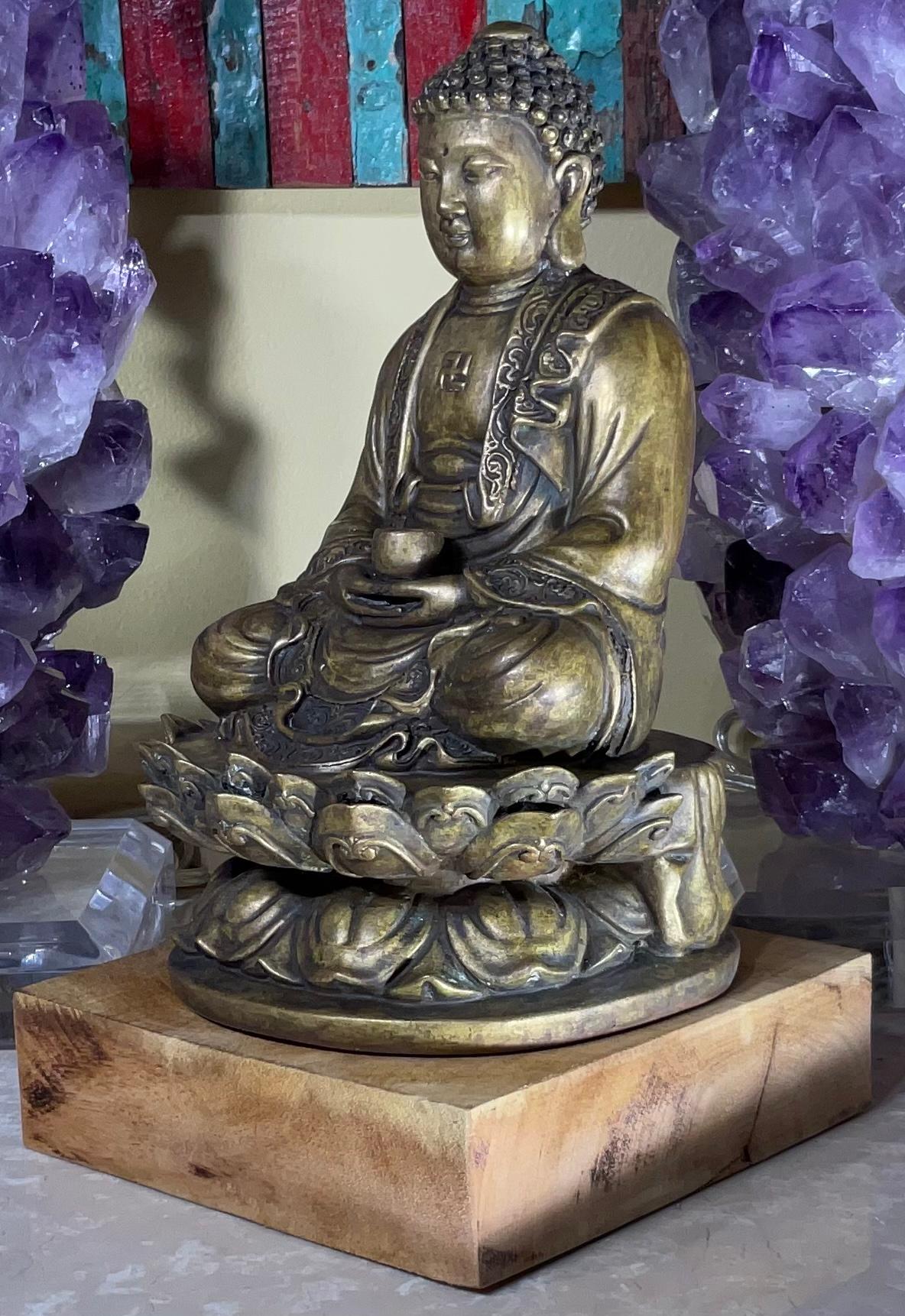 Hand-Crafted Vintage Bronze Siting Buddha Mounted on Wood Base