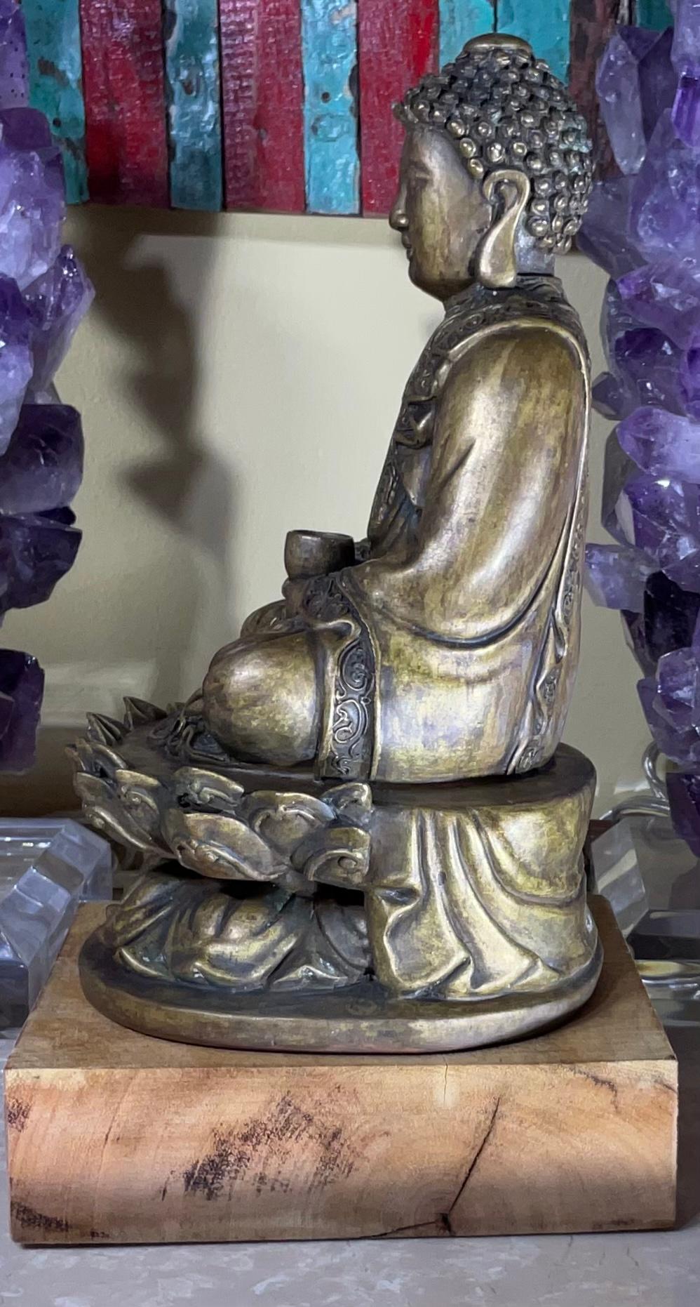 Vintage Bronze Siting Buddha Mounted on Wood Base In Good Condition In Delray Beach, FL