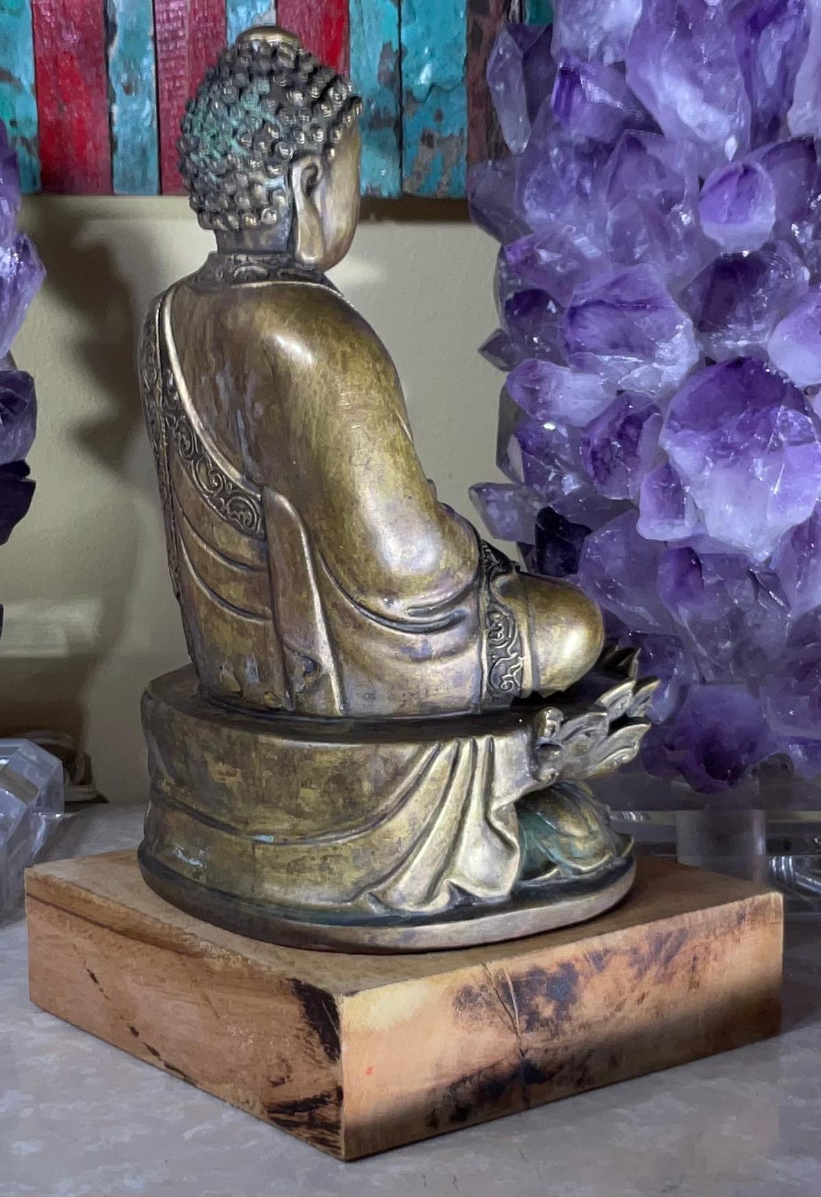 Vintage Bronze Siting Buddha Mounted on Wood Base 1