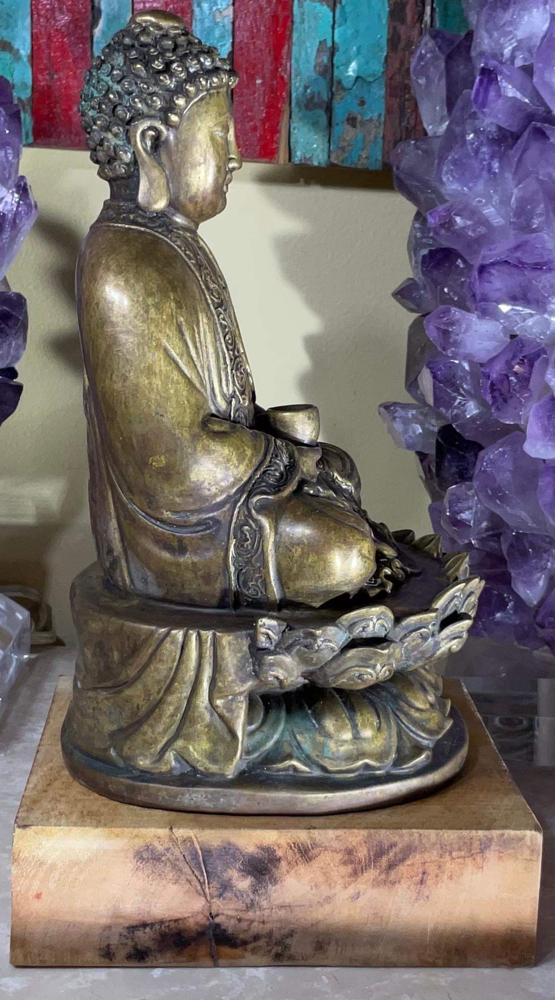 Vintage Bronze Siting Buddha Mounted on Wood Base 2