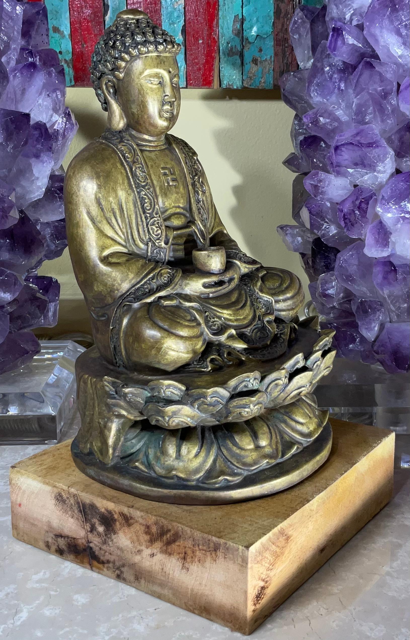 Vintage Bronze Siting Buddha Mounted on Wood Base 3