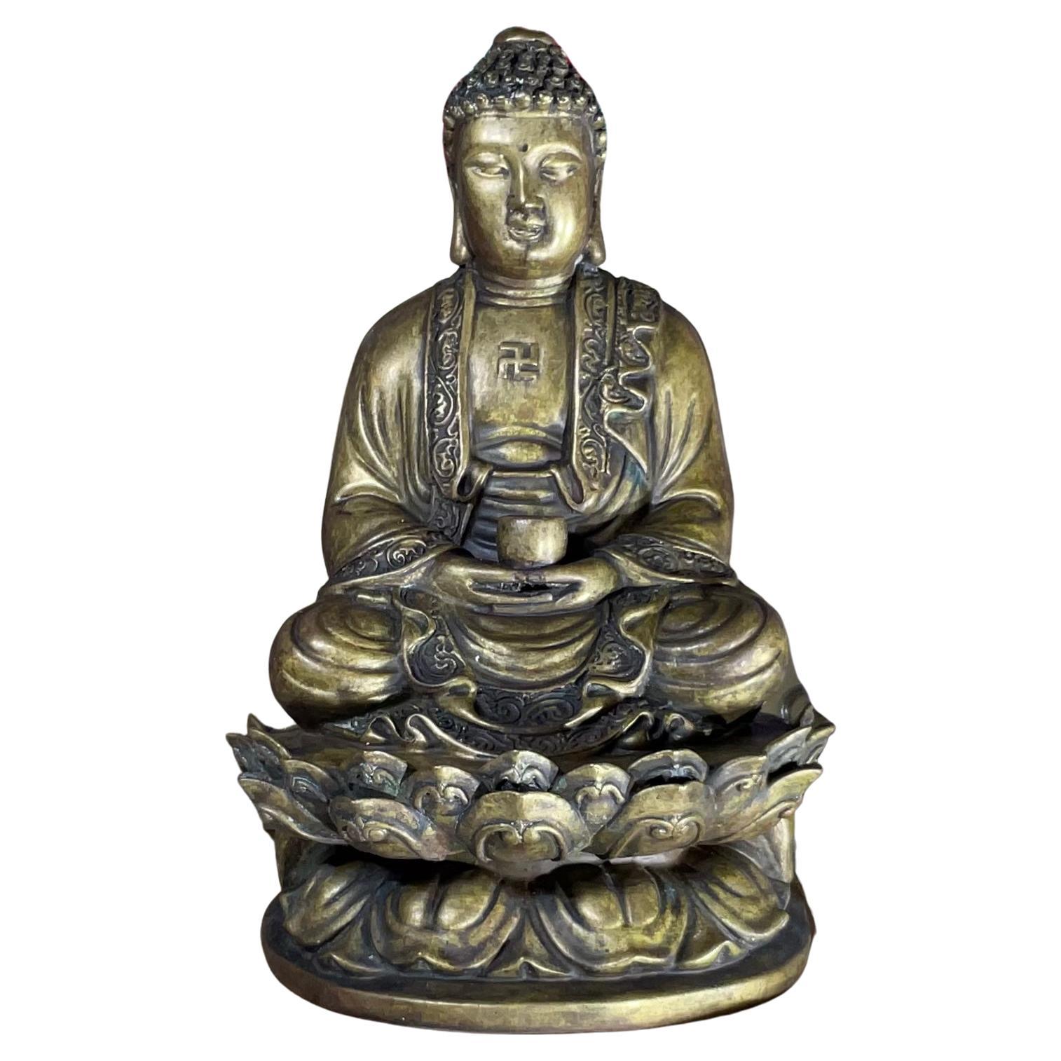 Vintage Bronze Siting Buddha Mounted on Wood Base