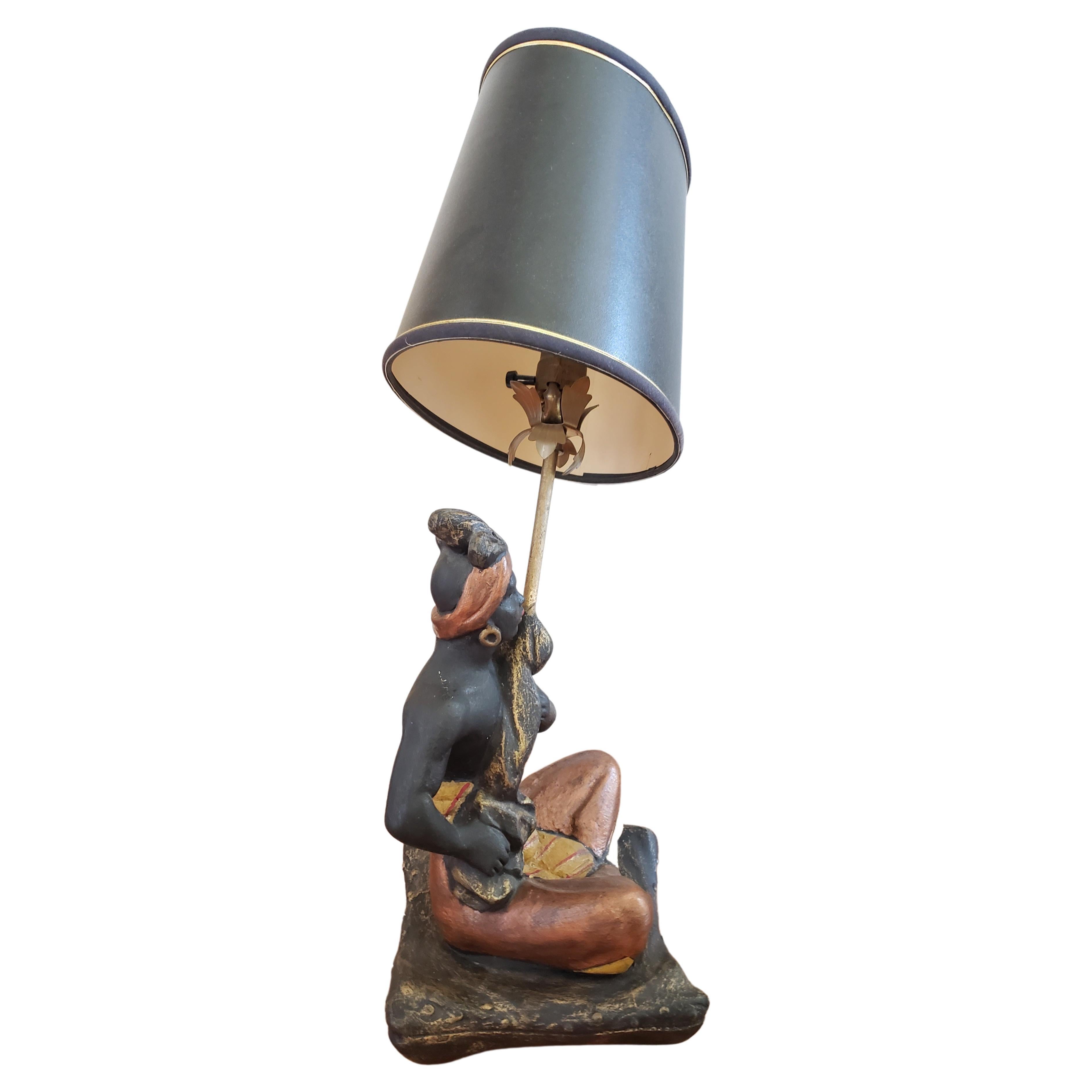  Absolutely gorgeous Vintage Bronze  table lamp depicting Lady sitting with her legs crossed and holding the lampshade bar.
Bronze Table Lamp, Circa 1970s. Comes with oval ornate lamp shade 

Measures 8.5