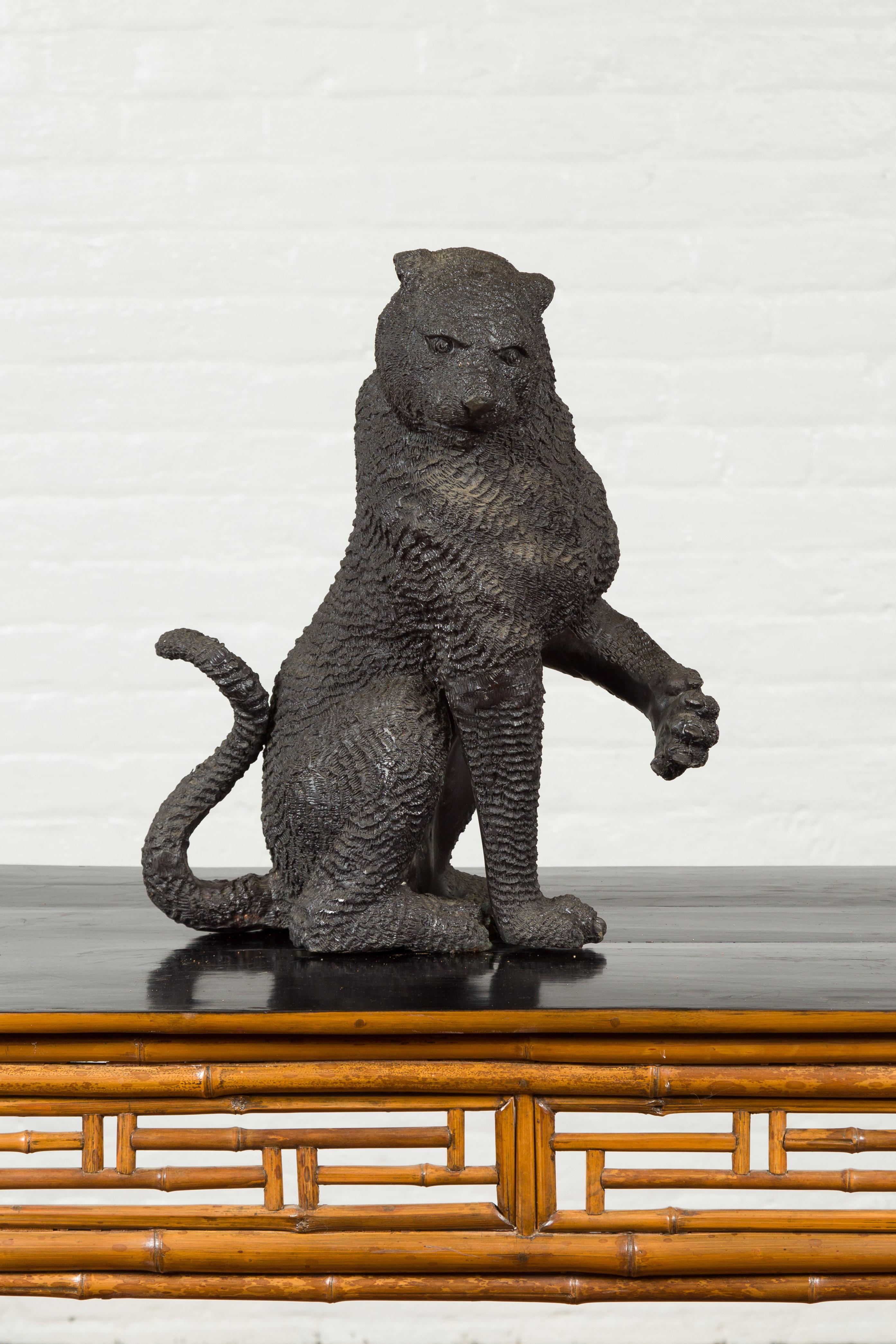 Cast Vintage Bronze Sitting Panther Sculpture with Textured Finish and Dark Patina
