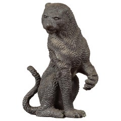Retro Bronze Sitting Panther Sculpture with Textured Finish and Dark Patina