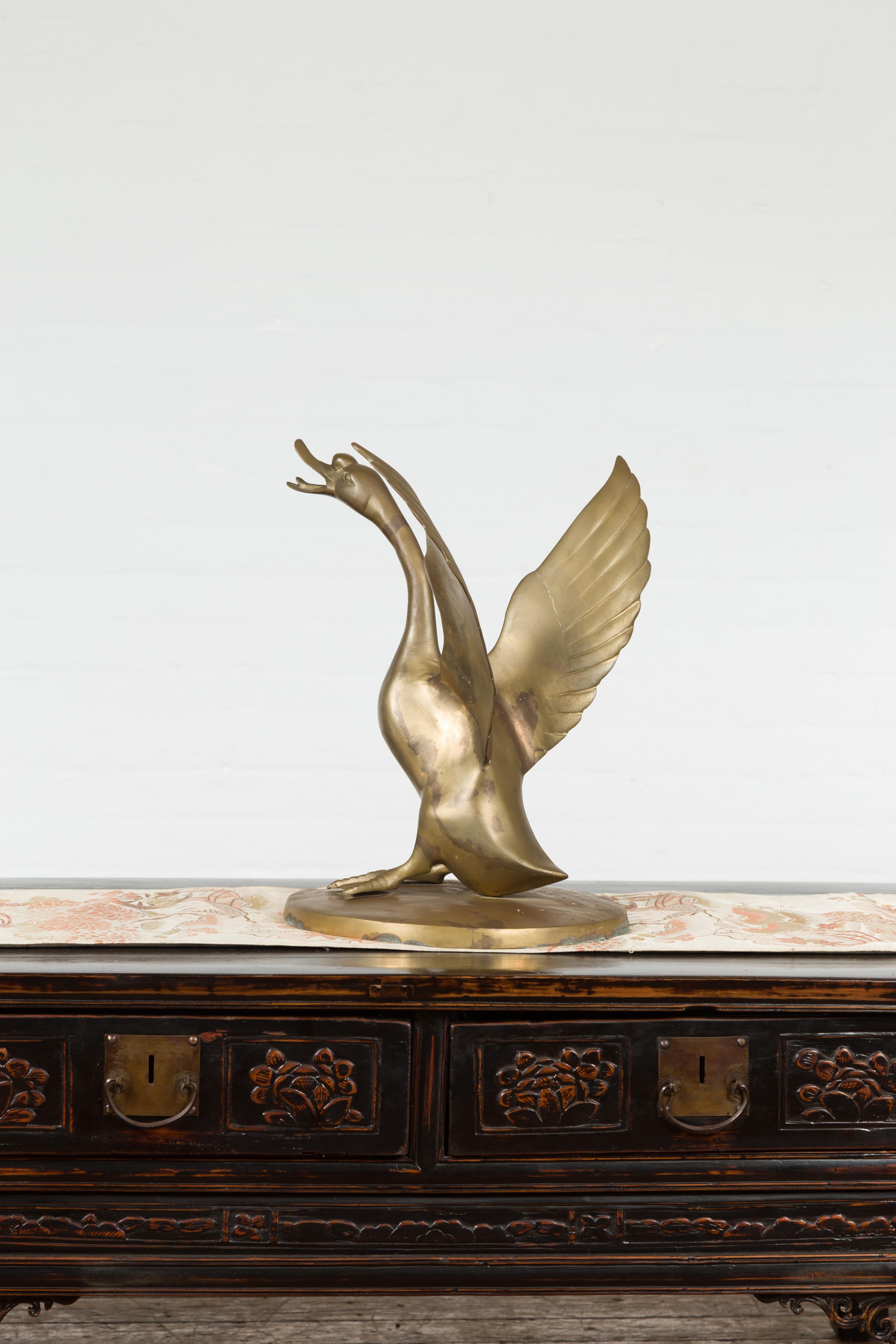 Vintage Bronze Statue of a Swan Extending its Wings with Golden Patina For Sale 5
