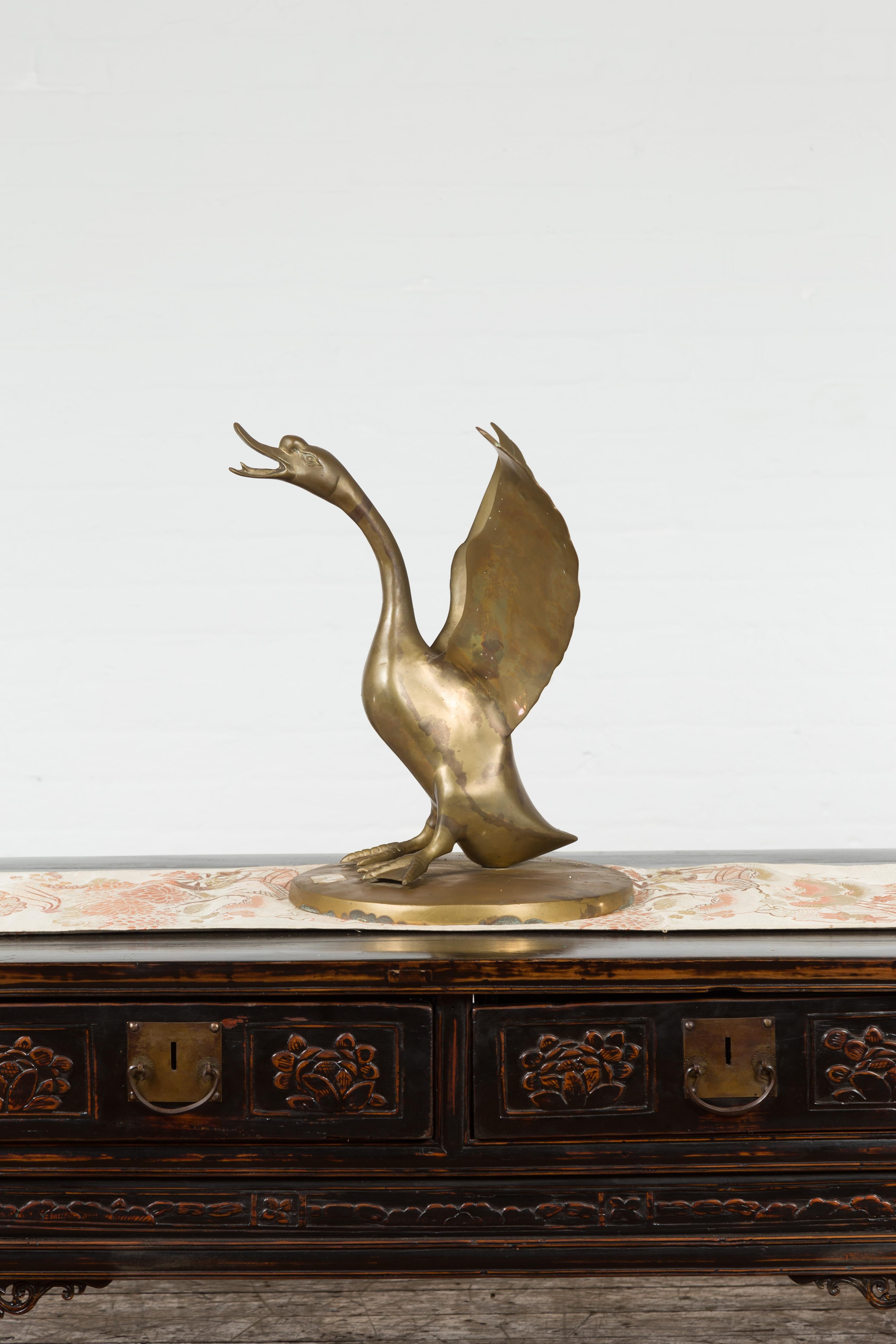 Vintage Bronze Statue of a Swan Extending its Wings with Golden Patina For Sale 6