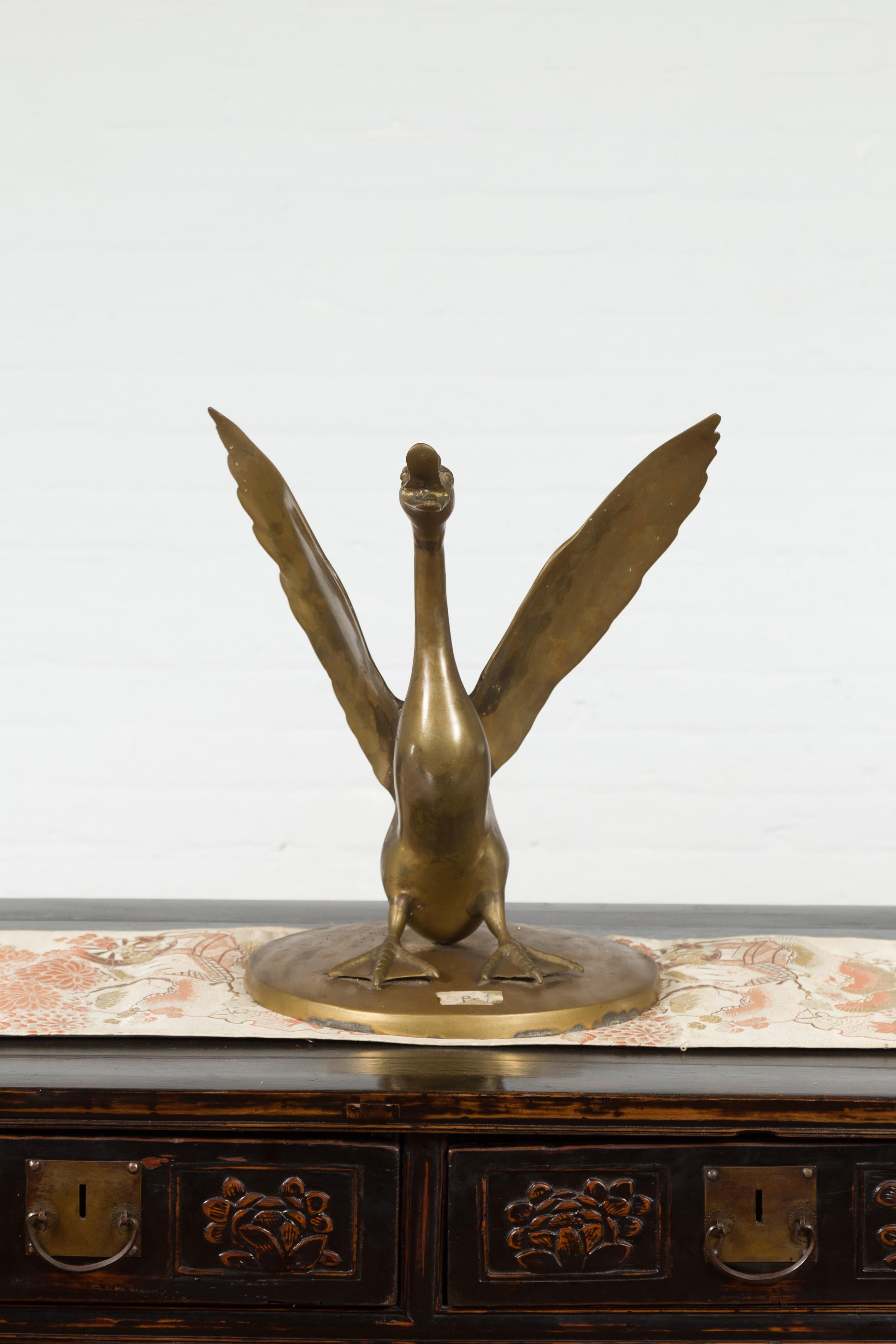 Vintage Bronze Statue of a Swan Extending its Wings with Golden Patina For Sale 7
