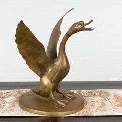 Vintage Bronze Statue of a Swan Extending its Wings with Golden Patina