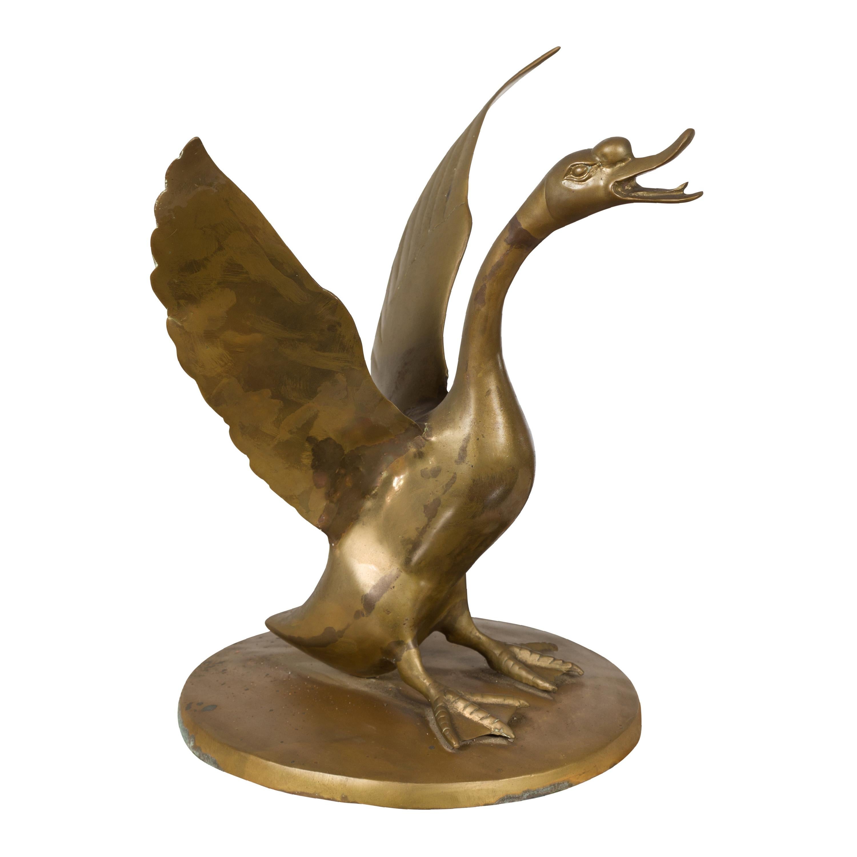 Vintage Bronze Statue of a Swan Extending its Wings with Golden Patina For Sale