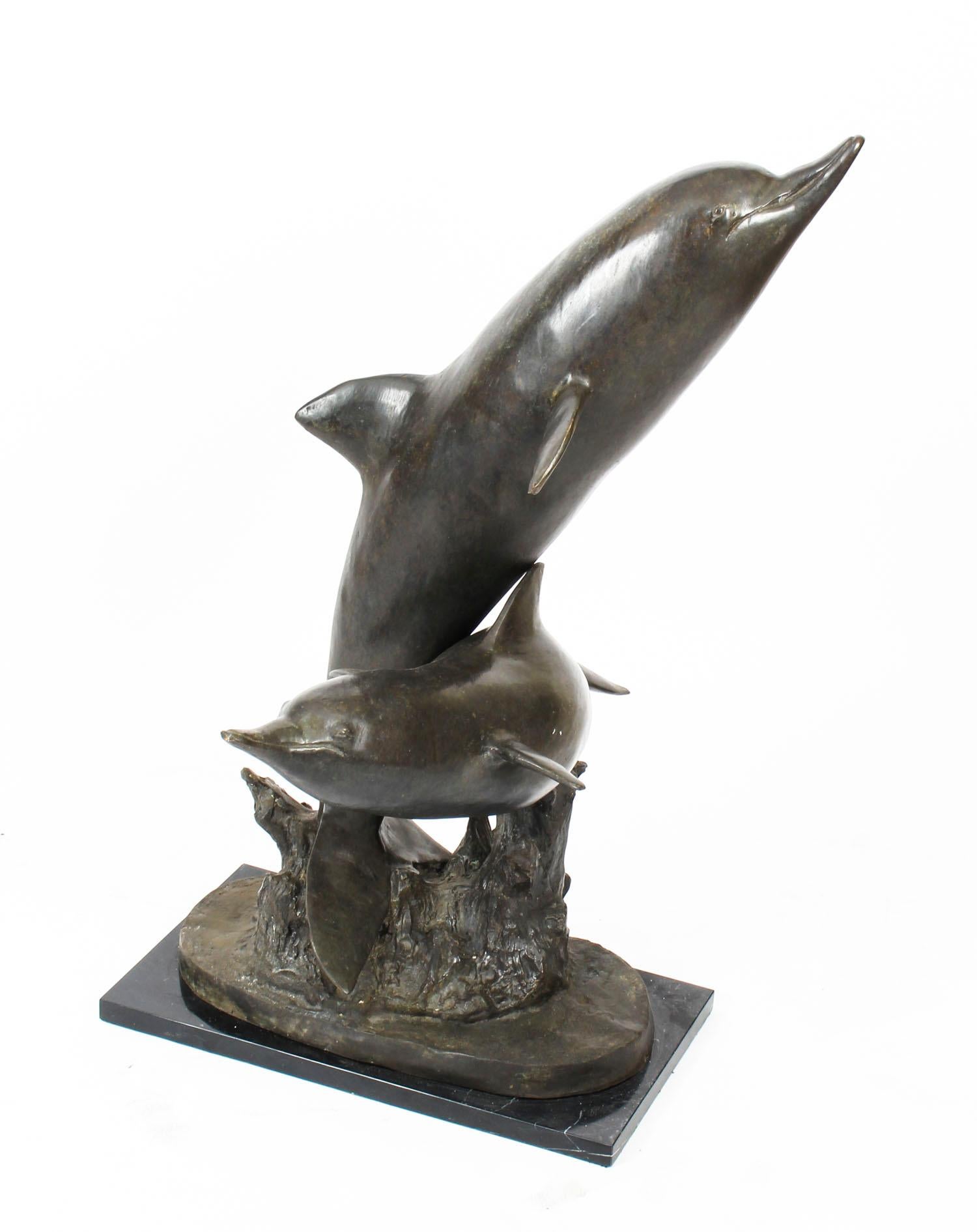 Vintage Bronze Statue of Dolphins Riding the Waves, Late 20th Century For Sale 6