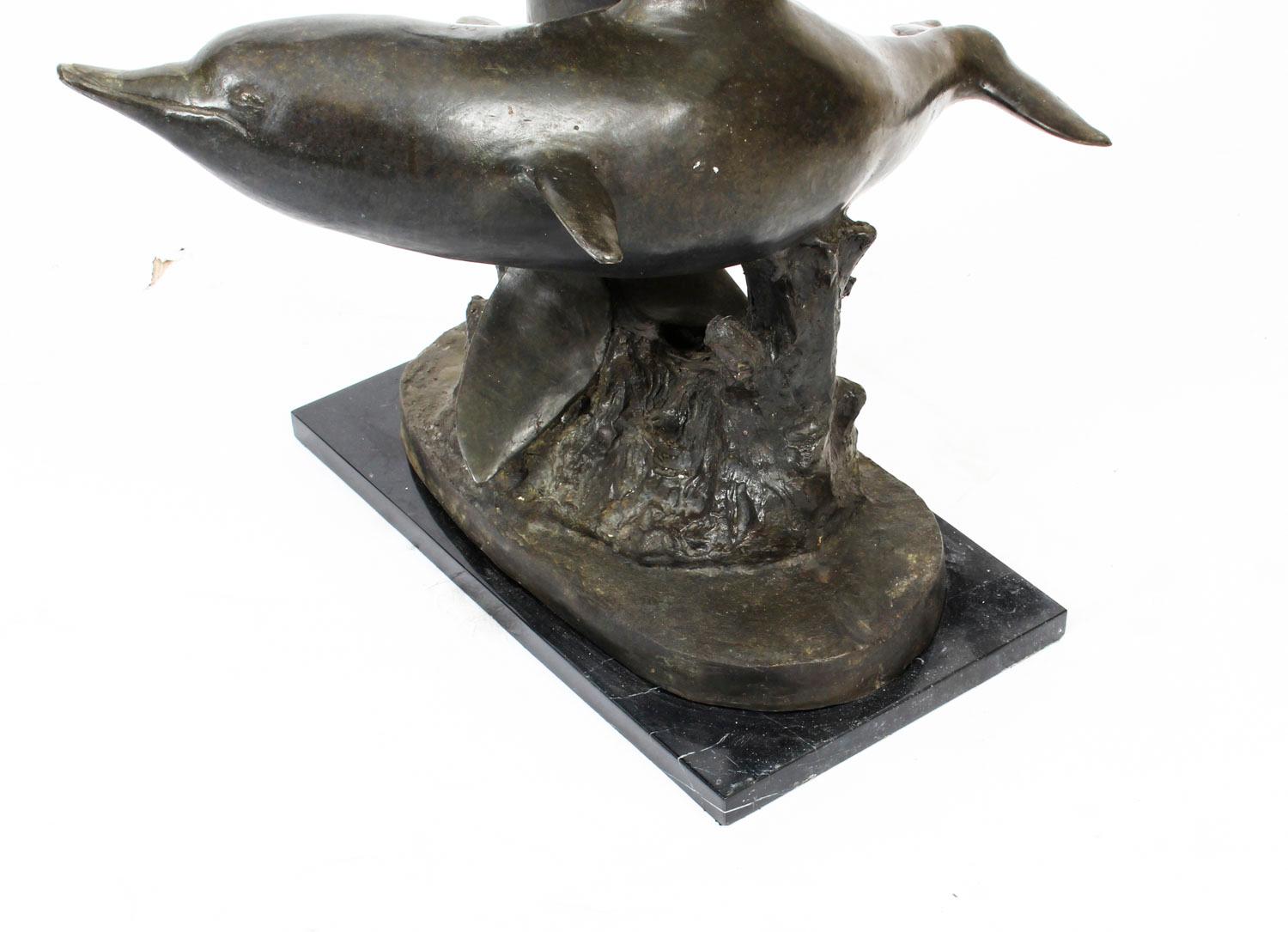 Vintage Bronze Statue of Dolphins Riding the Waves, Late 20th Century For Sale 8