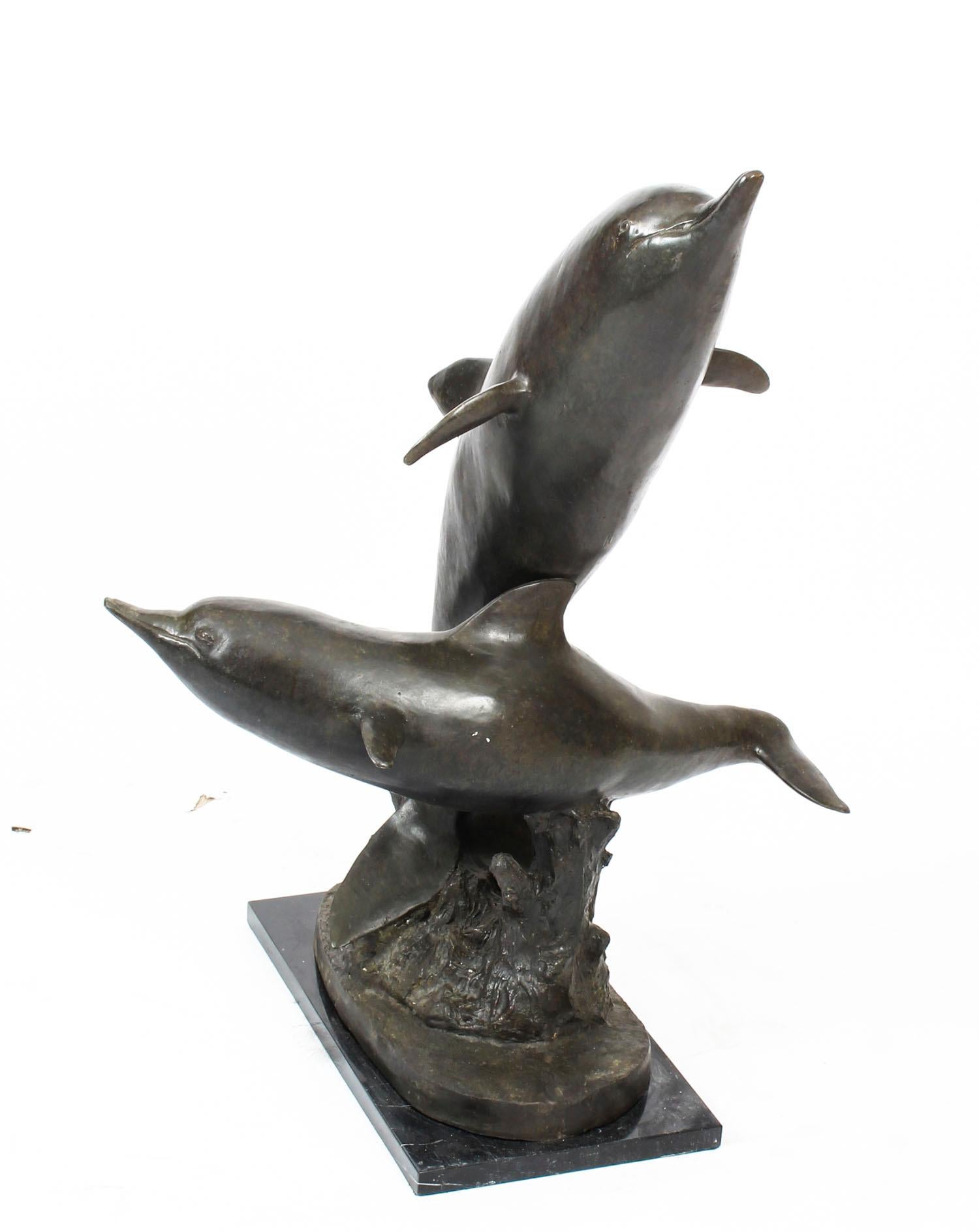 Vintage Bronze Statue of Dolphins Riding the Waves, Late 20th Century For Sale 9