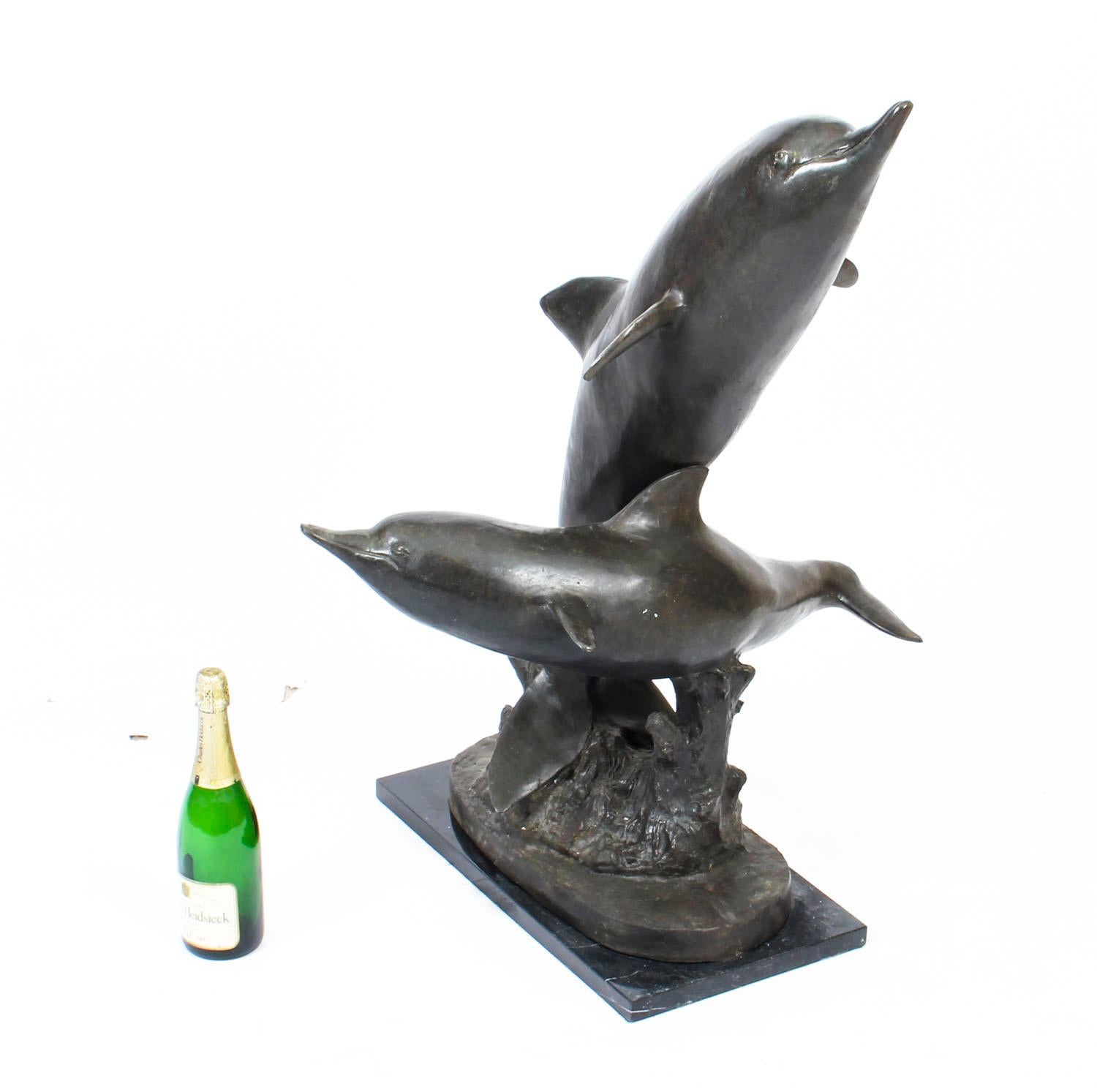 Vintage Bronze Statue of Dolphins Riding the Waves, Late 20th Century For Sale 10