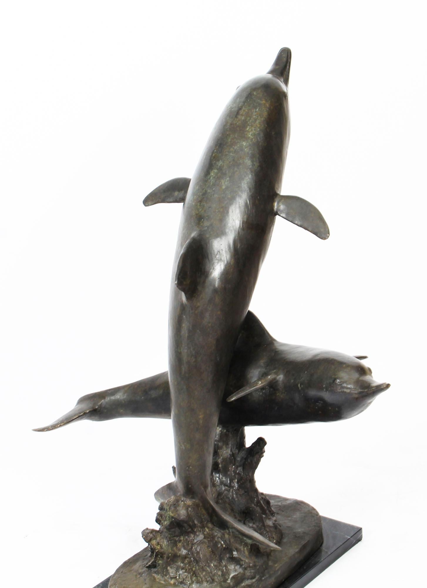 Vintage Bronze Statue of Dolphins Riding the Waves, Late 20th Century In Good Condition For Sale In London, GB