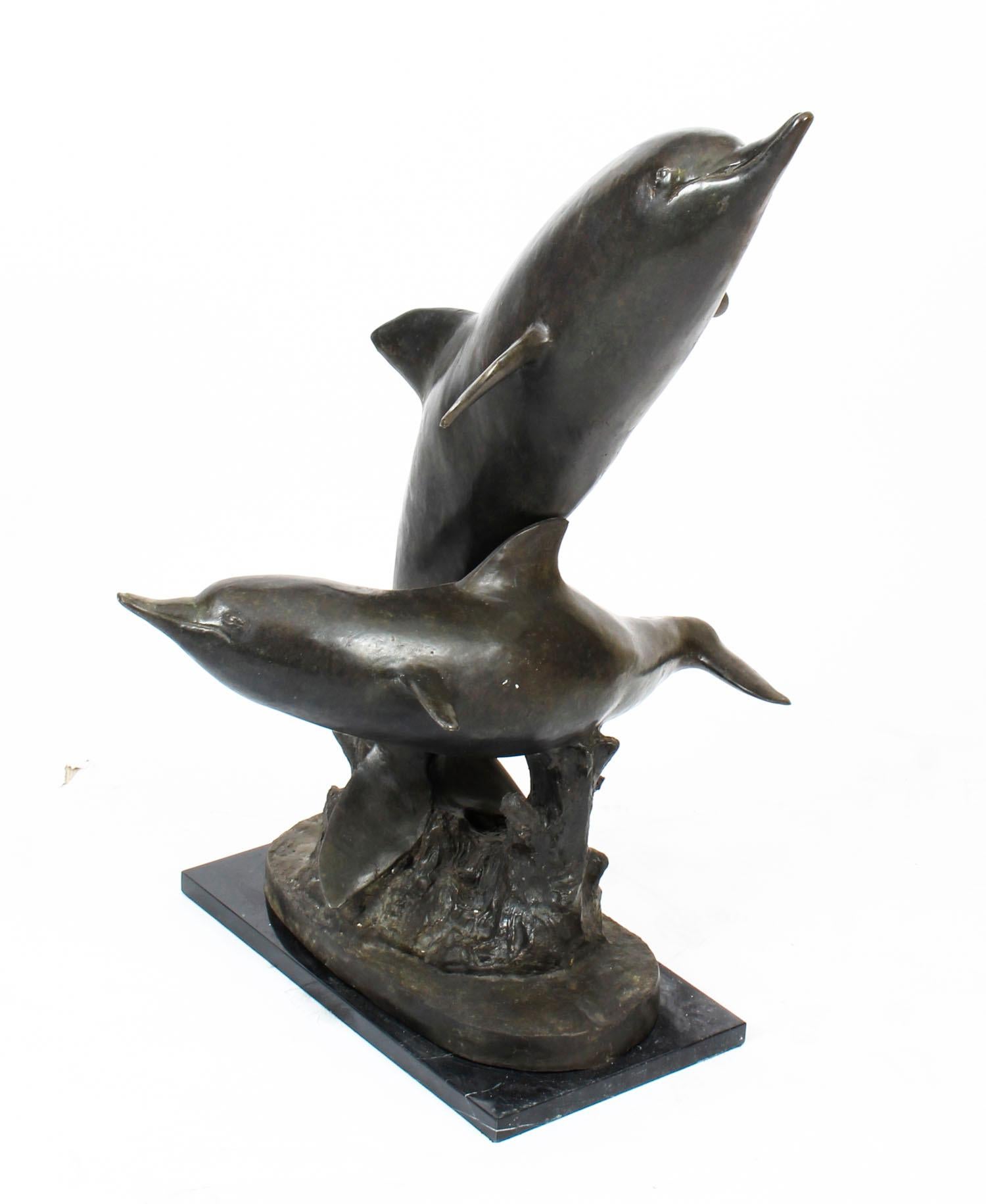 Vintage Bronze Statue of Dolphins Riding the Waves, Late 20th Century For Sale 1