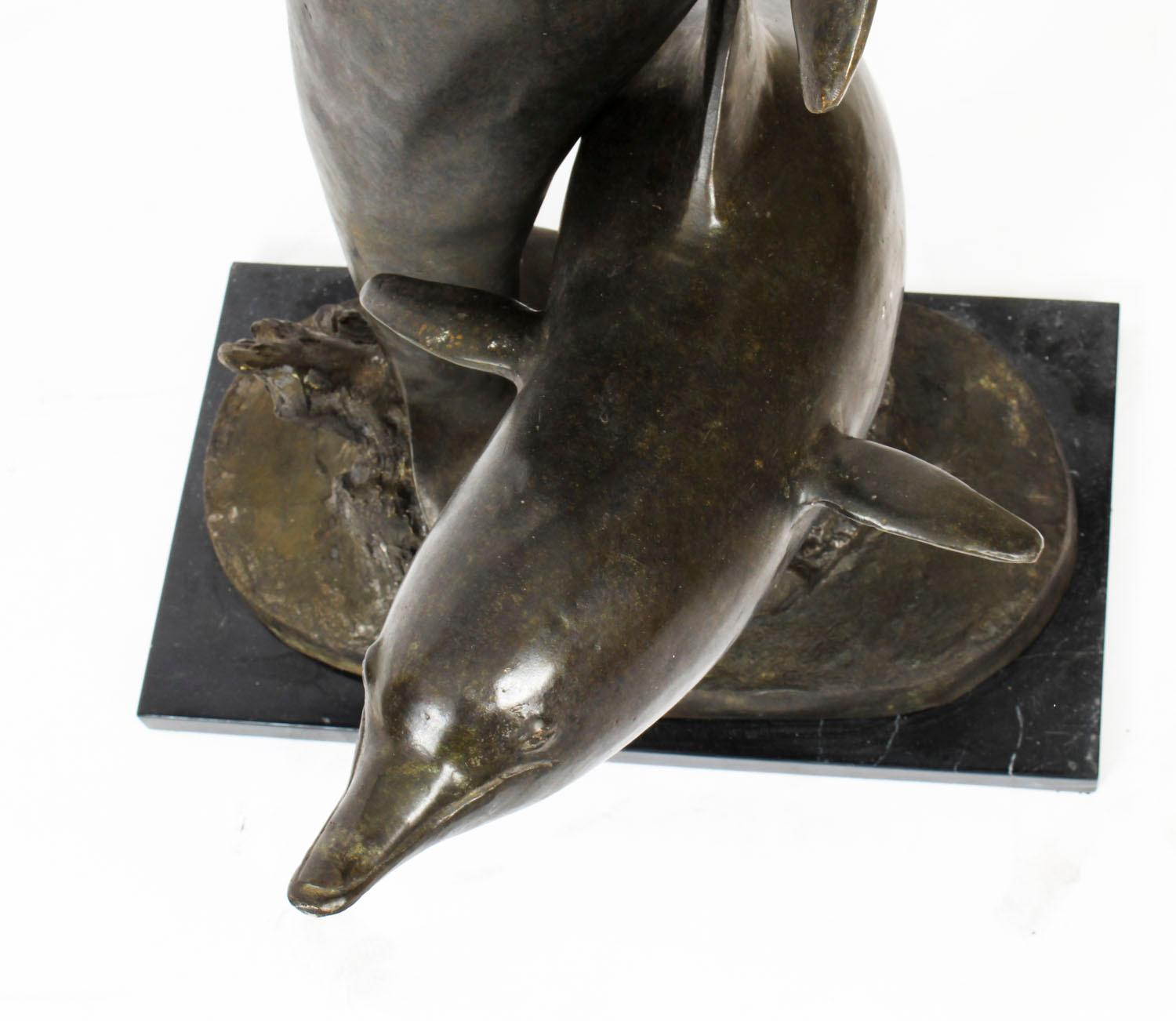 Vintage Bronze Statue of Dolphins Riding the Waves, Late 20th Century For Sale 3