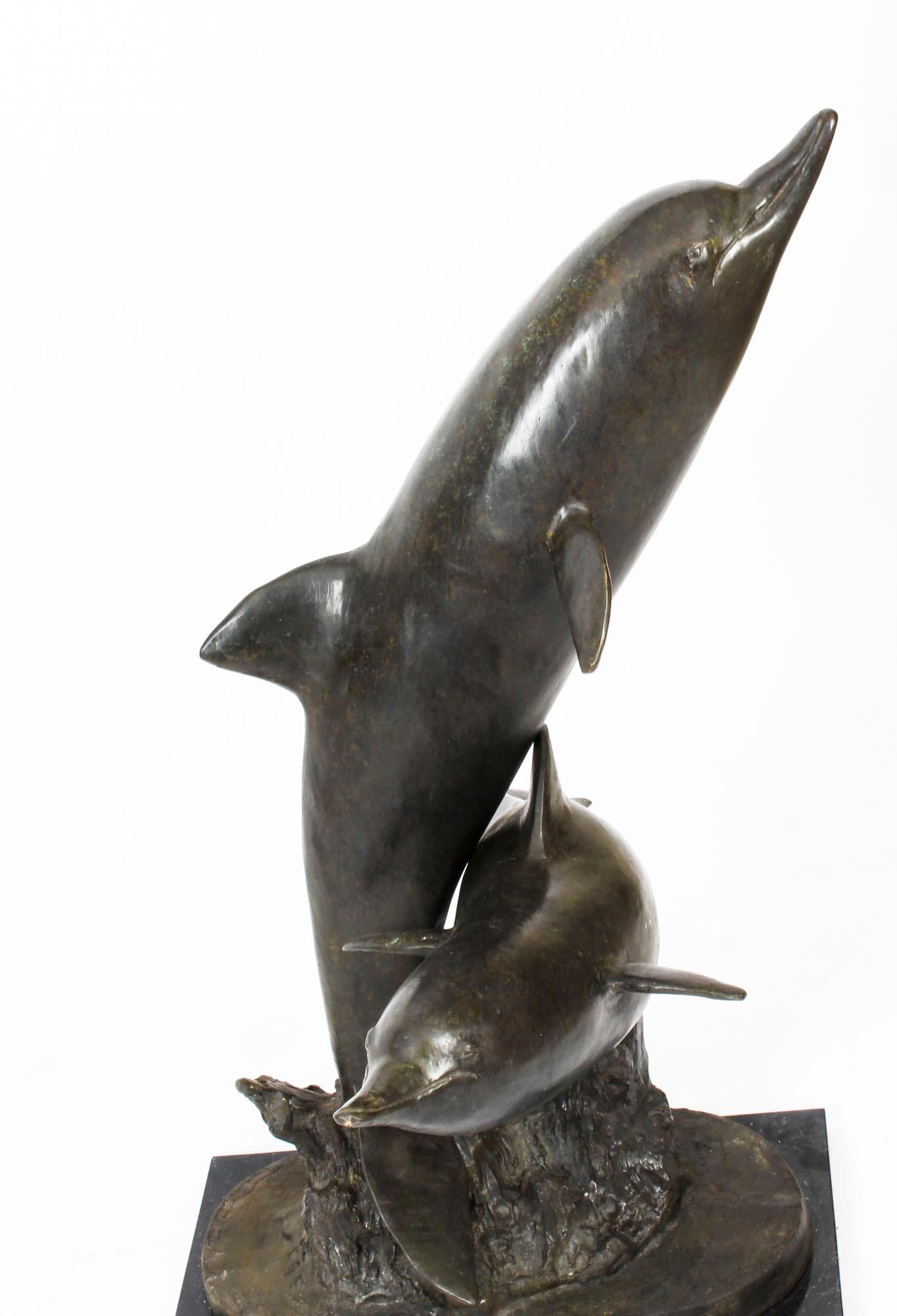 Vintage Bronze Statue of Dolphins Riding the Waves, Late 20th Century For Sale 5