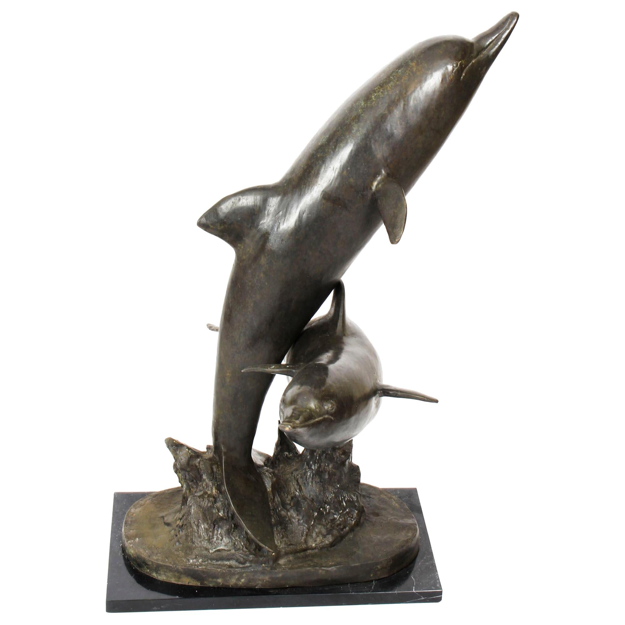 Vintage Bronze Statue of Dolphins Riding the Waves, Late 20th Century