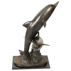 Retro Bronze Statue of Dolphins Riding the Waves, Late 20th Century