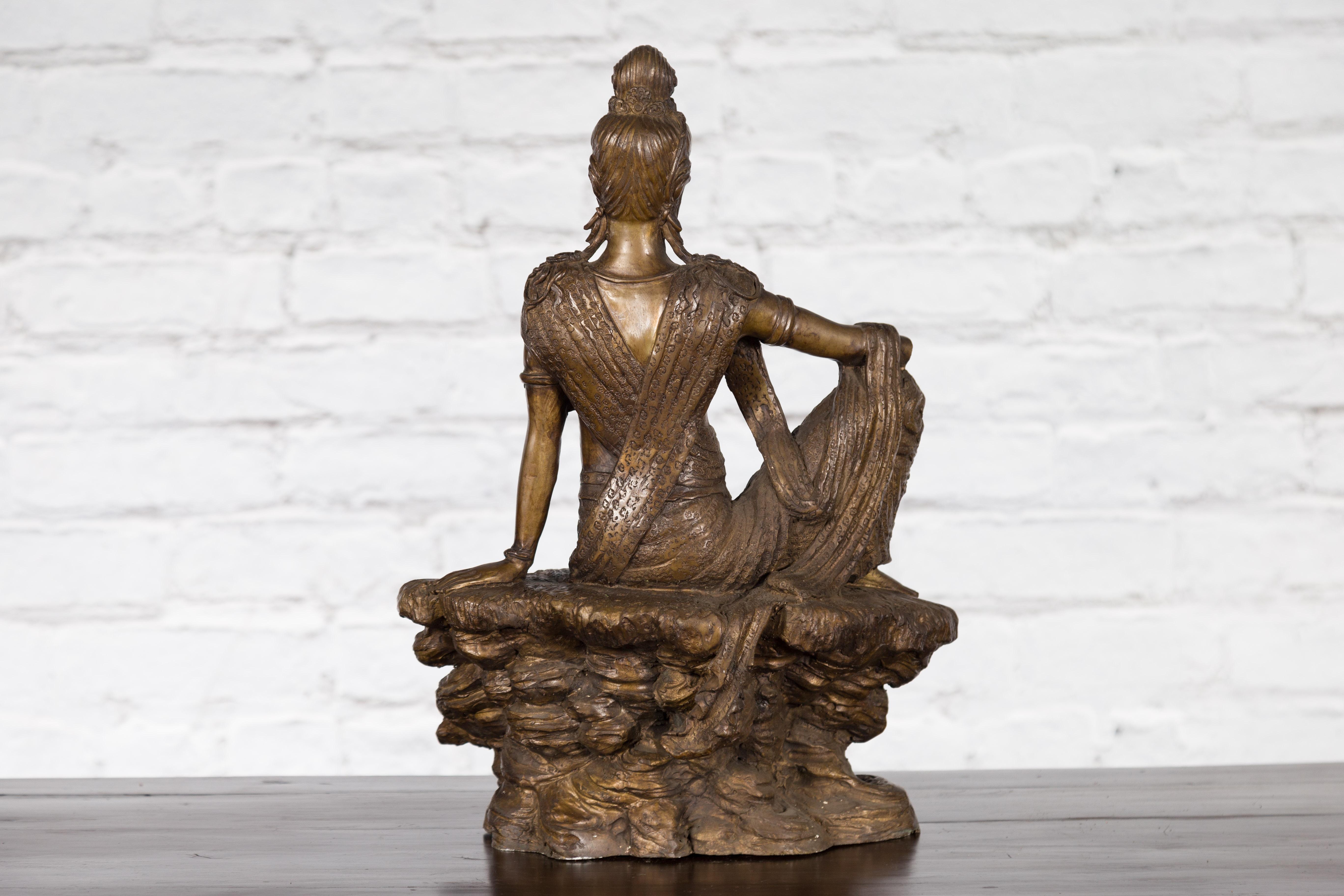 Vintage Bronze Statuette Depicting Quan Yin Seated on a Rocky Formation For Sale 10