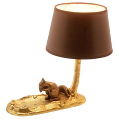 Vintage Bronze Table Lamp and Coin Dish 'Vide Poche' with a Red Squirrel