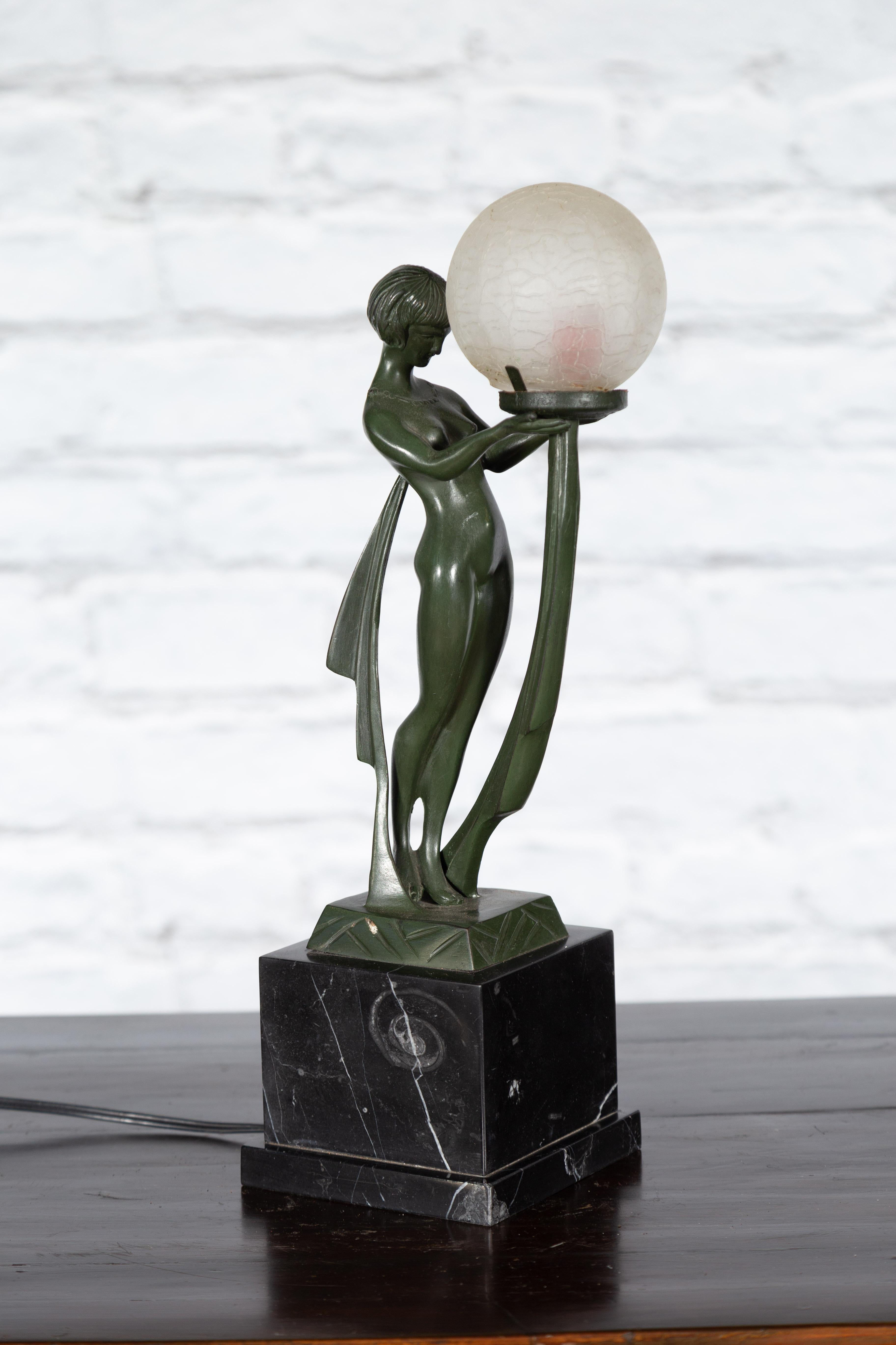 Vintage Bronze Table Lamp of a Maiden Holding a Large Glass Sphere on Base For Sale 5