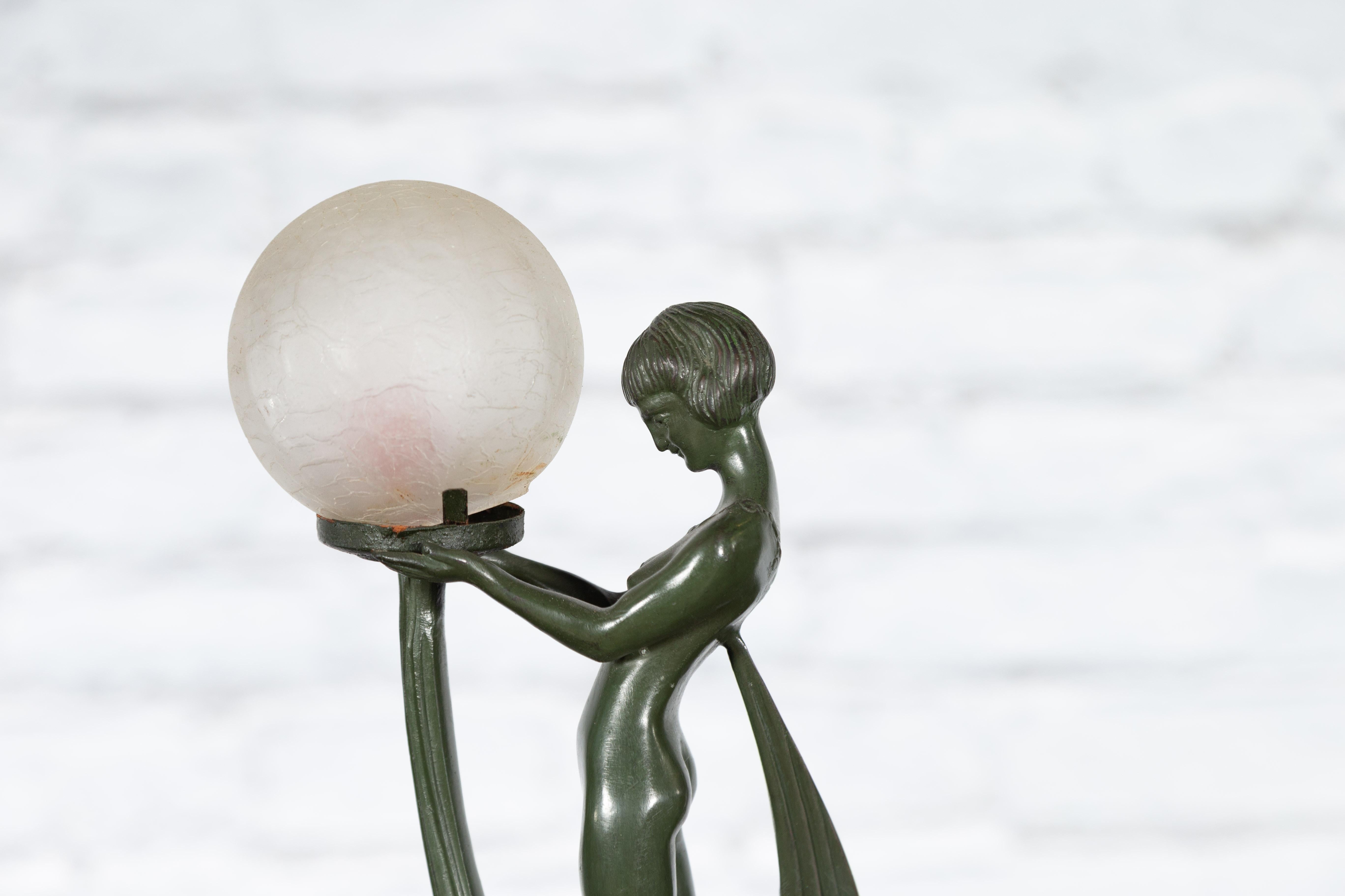 Vintage Bronze Table Lamp of a Maiden Holding a Large Glass Sphere on Base 8