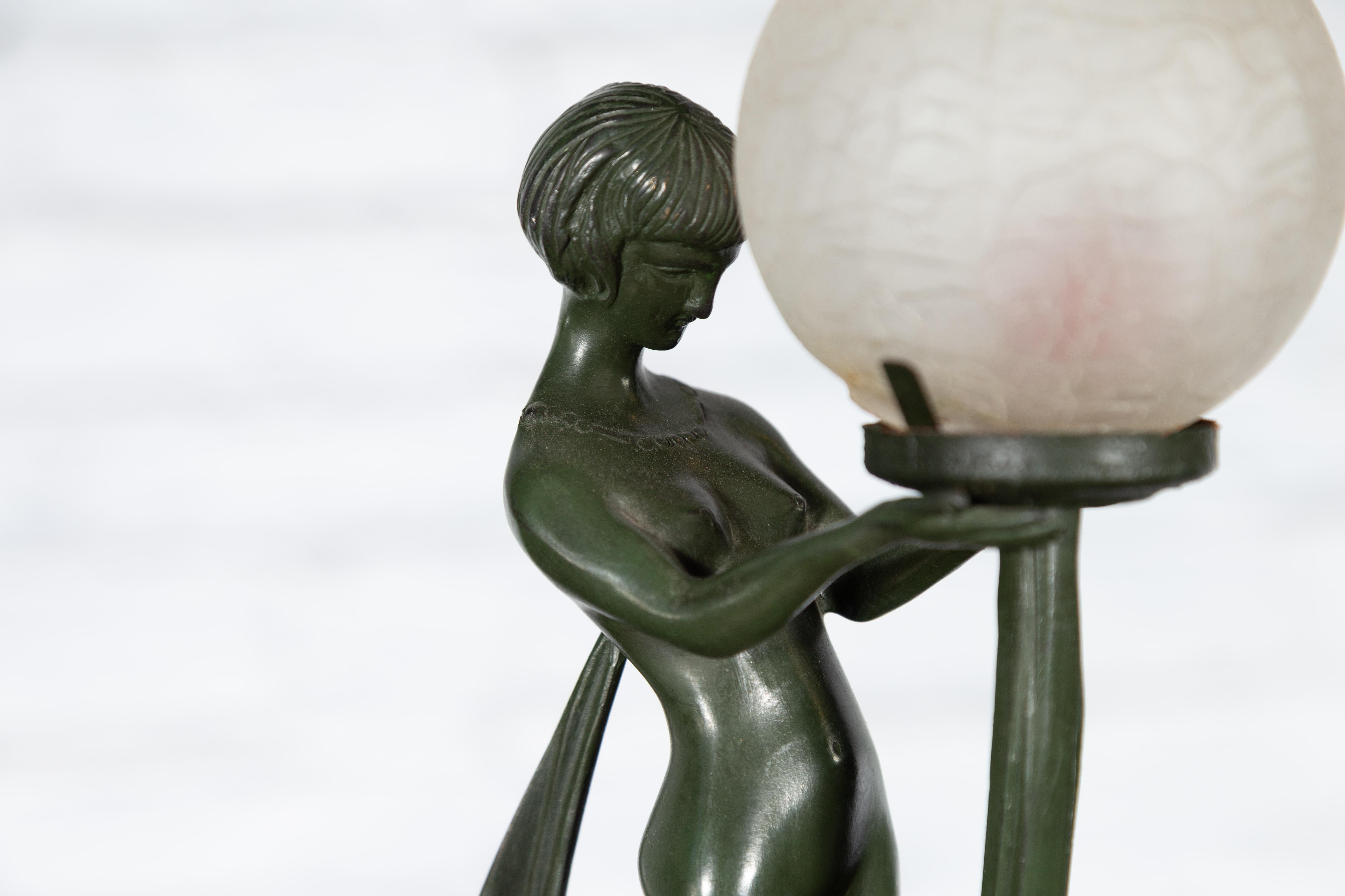 Vintage Bronze Table Lamp of a Maiden Holding a Large Glass Sphere on Base For Sale 12
