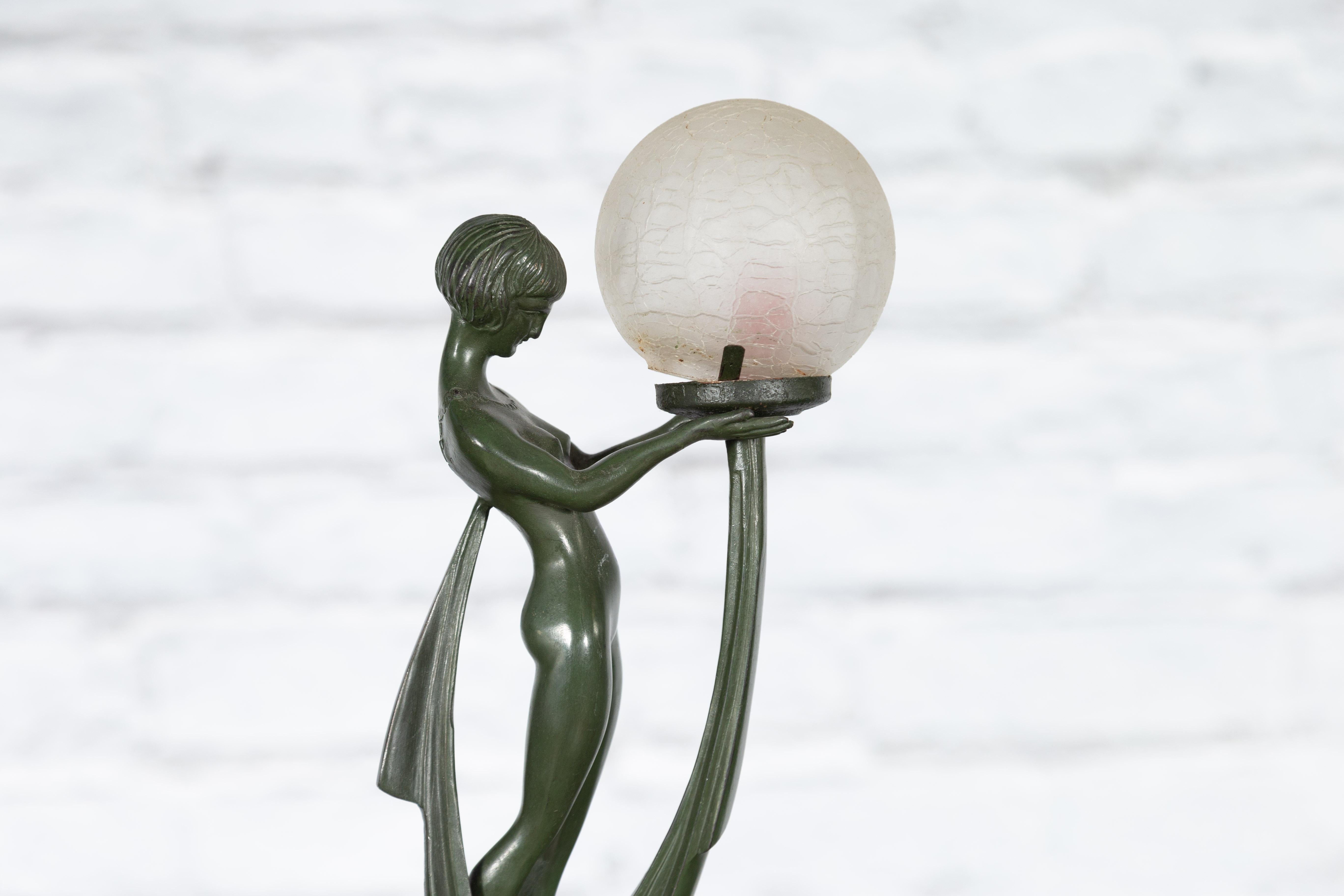 Vintage Bronze Table Lamp of a Maiden Holding a Large Glass Sphere on Base In Good Condition For Sale In Yonkers, NY