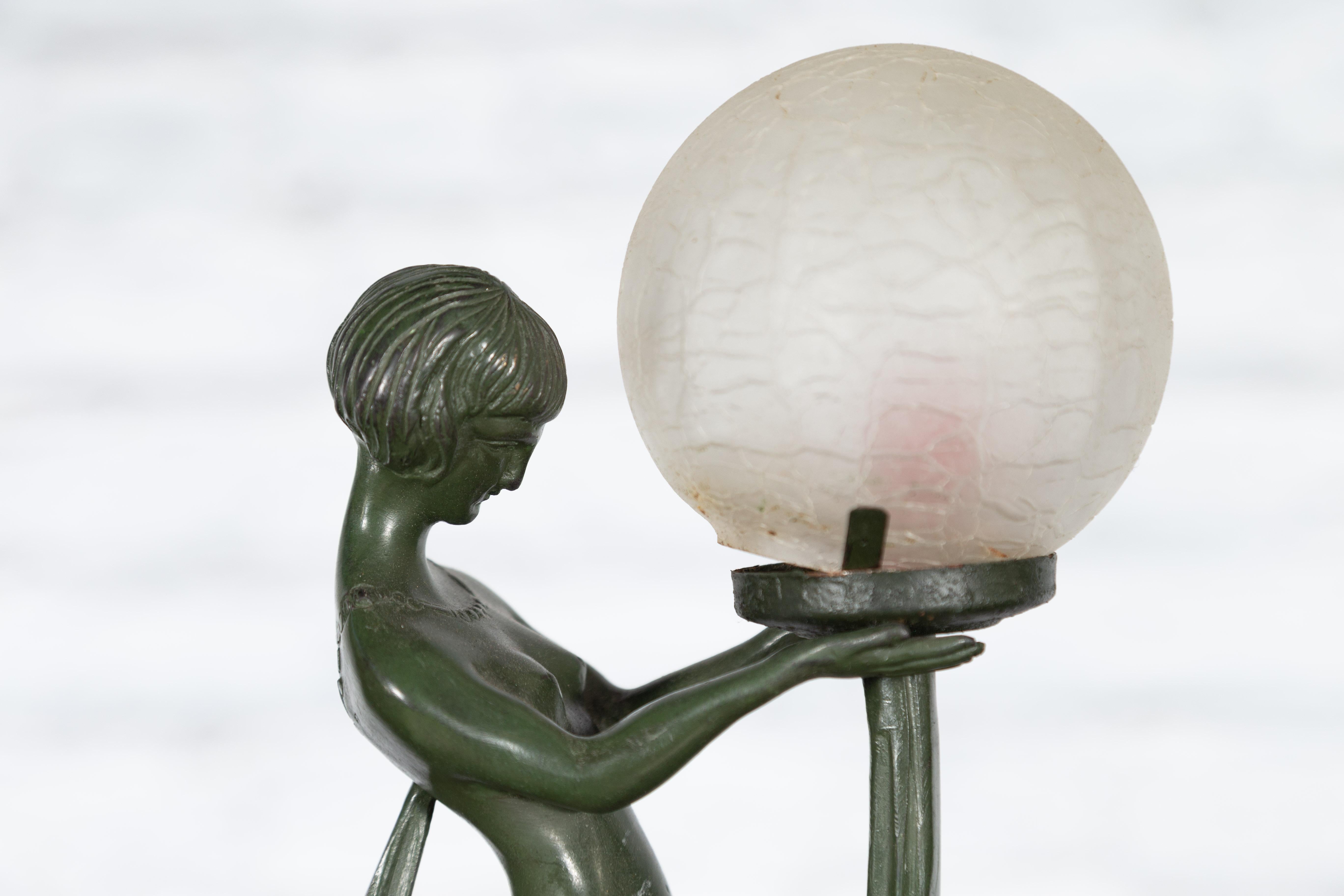Vintage Bronze Table Lamp of a Maiden Holding a Large Glass Sphere on Base For Sale 2