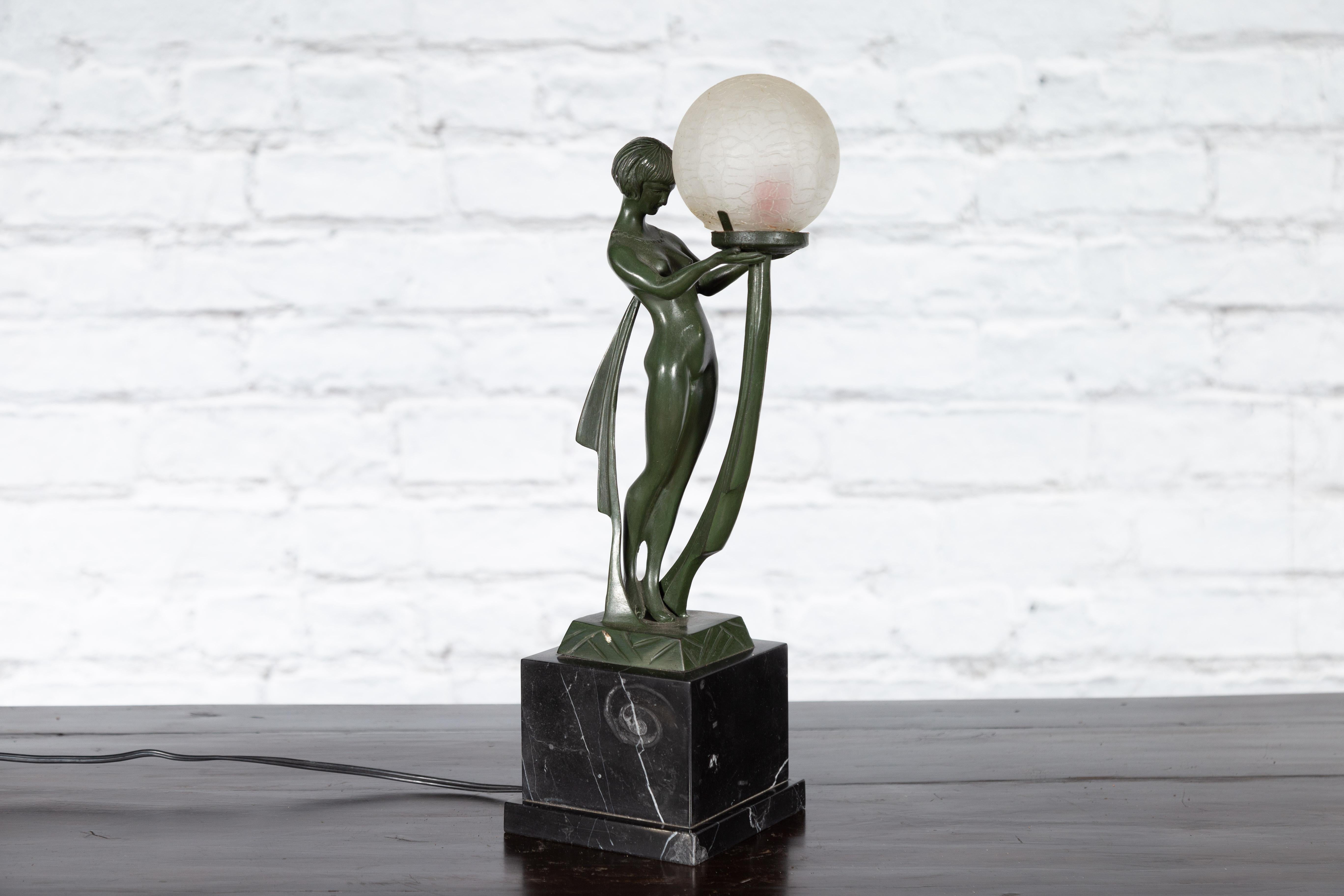 Vintage Bronze Table Lamp of a Maiden Holding a Large Glass Sphere on Base For Sale 3