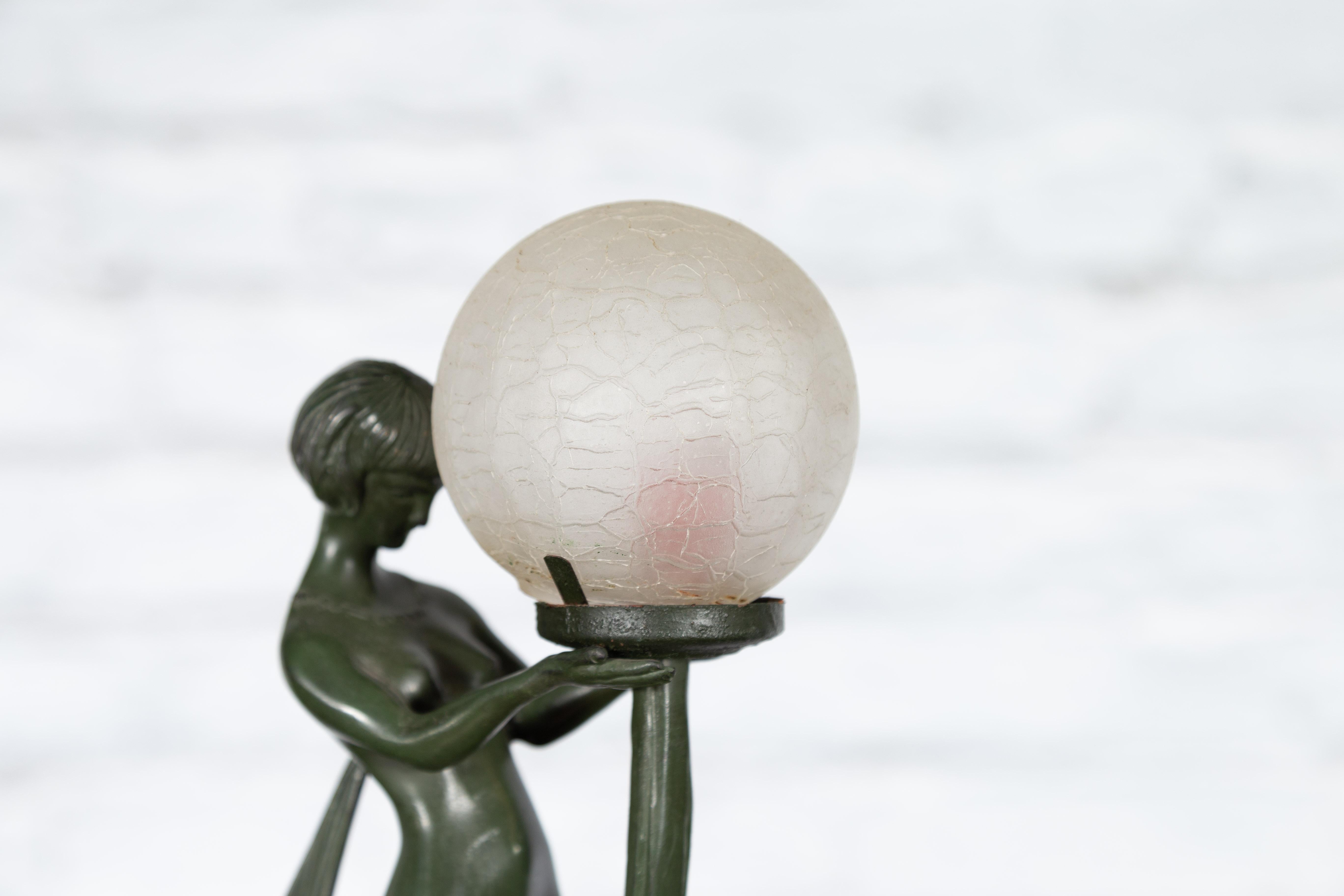 Vintage Bronze Table Lamp of a Maiden Holding a Large Glass Sphere on Base 4