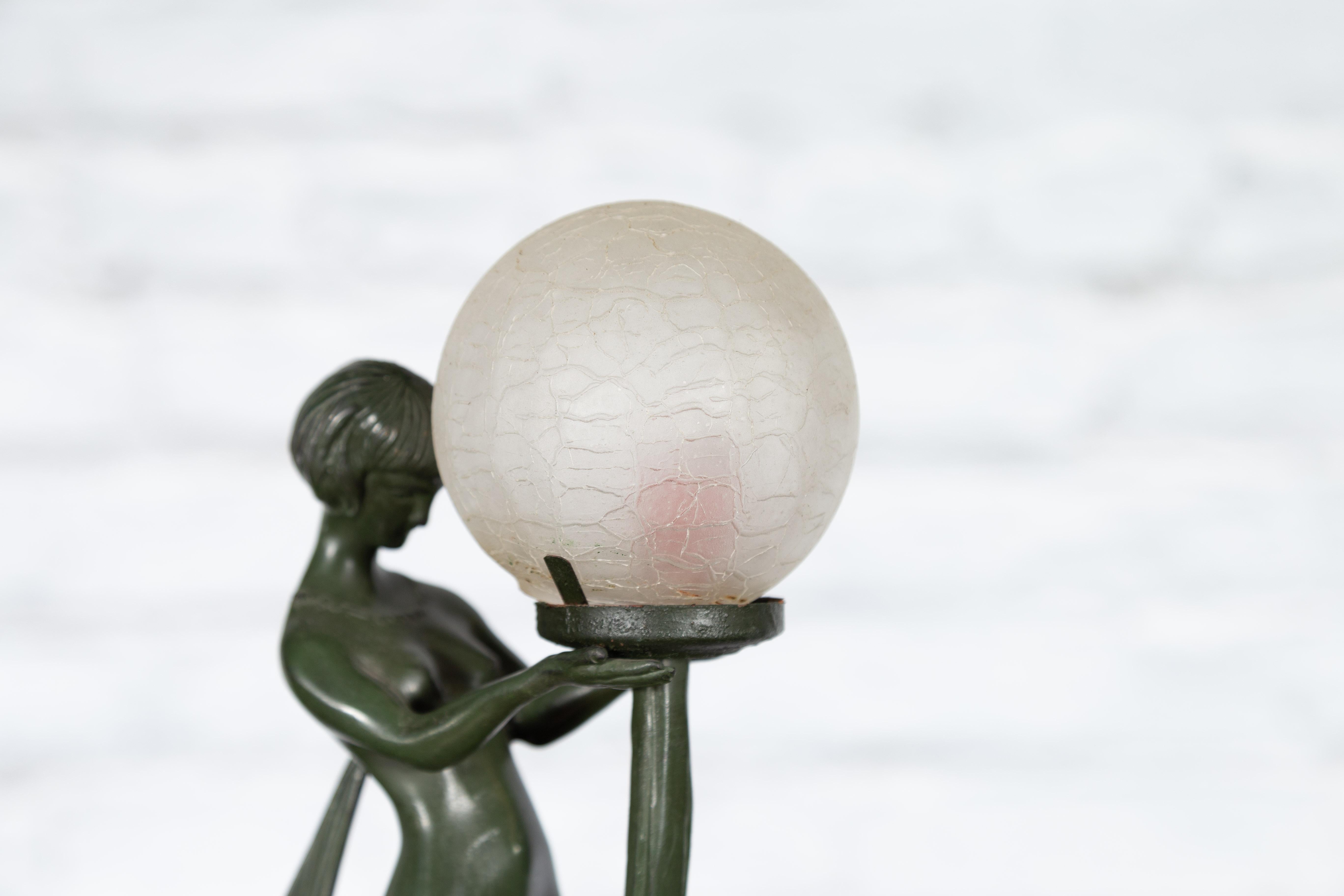 Vintage Bronze Table Lamp of a Maiden Holding a Large Glass Sphere on Base For Sale 4