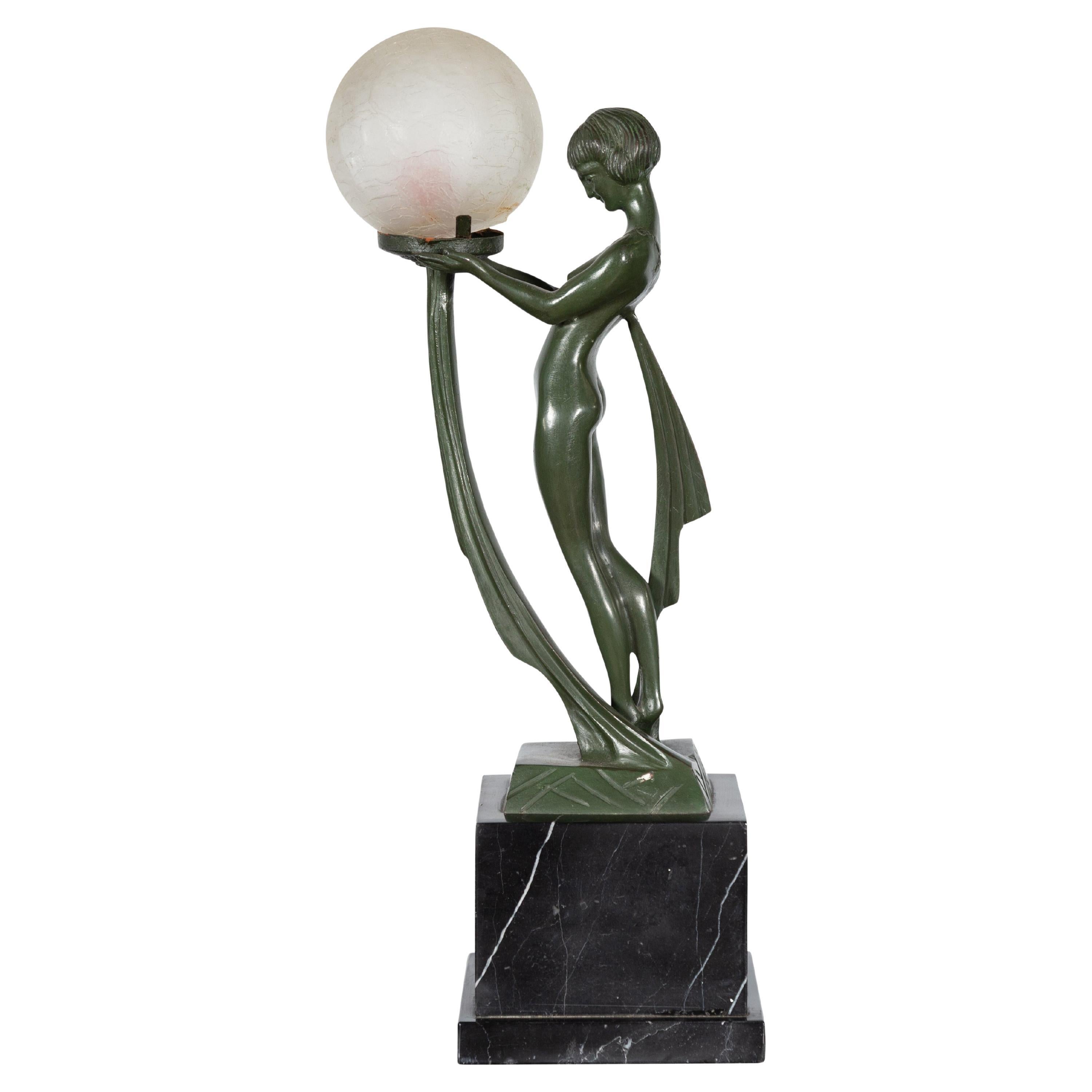 Vintage Bronze Table Lamp of a Maiden Holding a Large Glass Sphere on Base For Sale