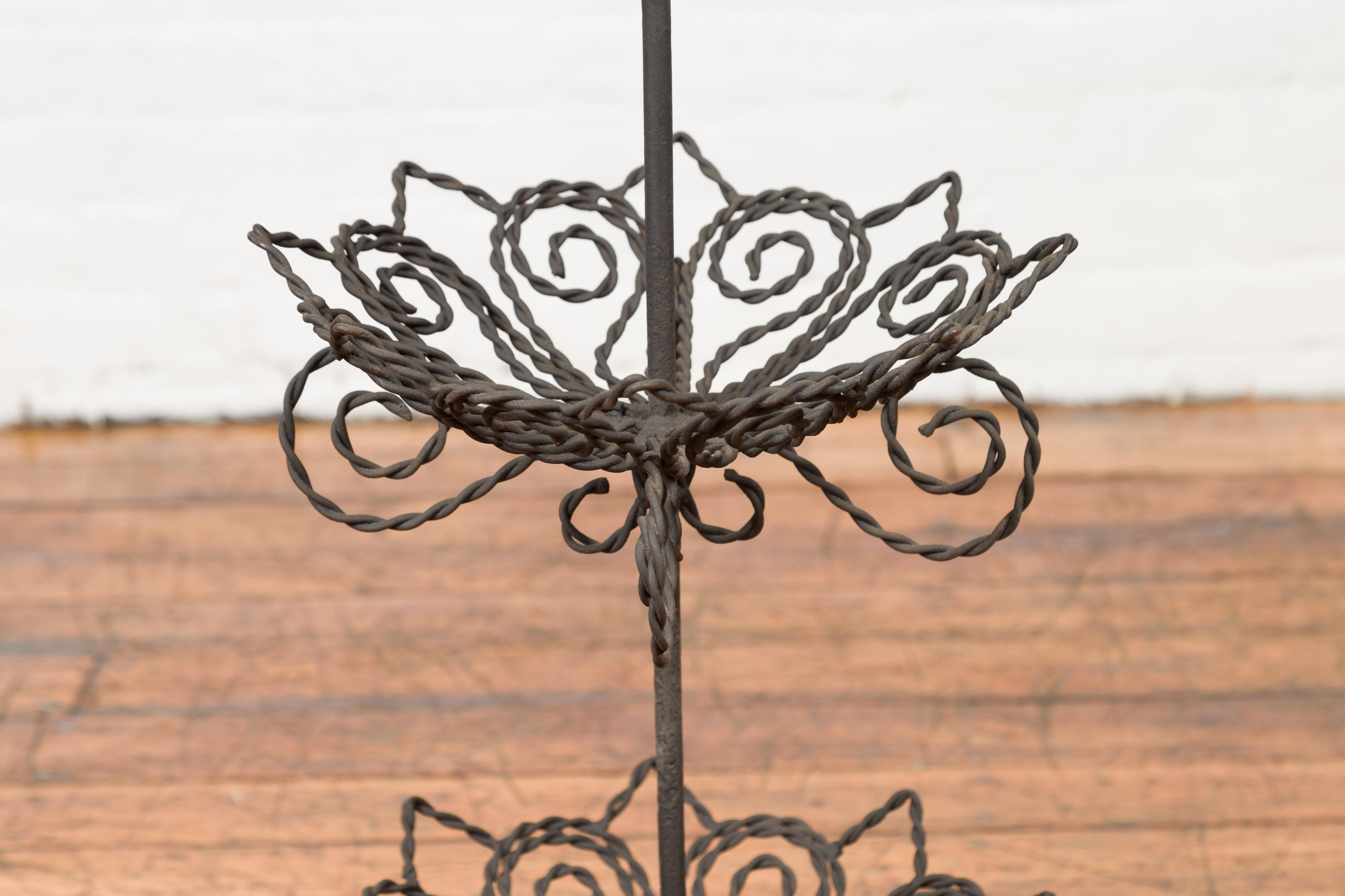 Vintage Bronze Three-Tiered Stand with Dark Patina and Scrolled Motifs For Sale 1
