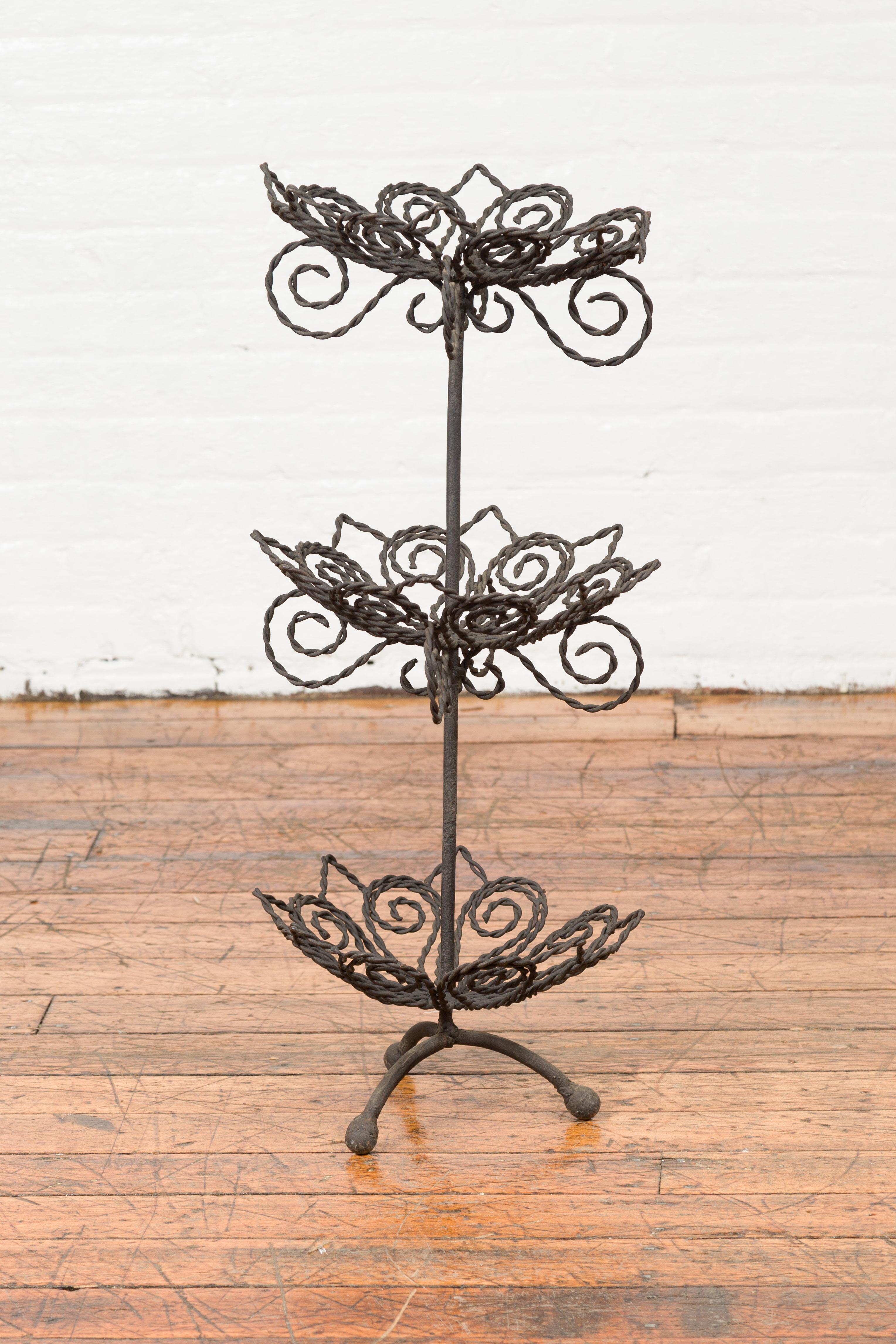 Vintage Bronze Three-Tiered Stand with Dark Patina and Scrolled Motifs For Sale 3
