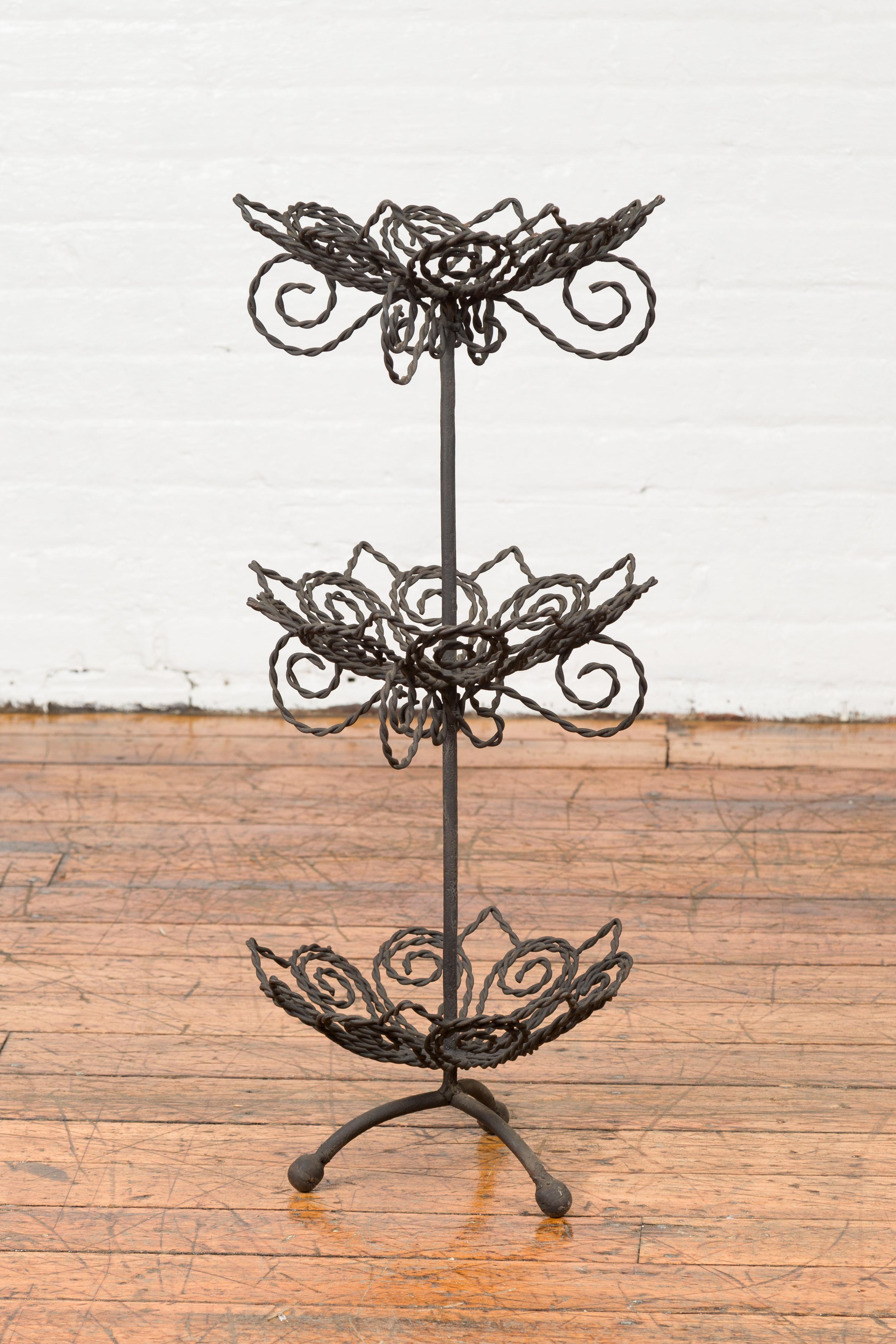 Vintage Bronze Three-Tiered Stand with Dark Patina and Scrolled Motifs For Sale 4