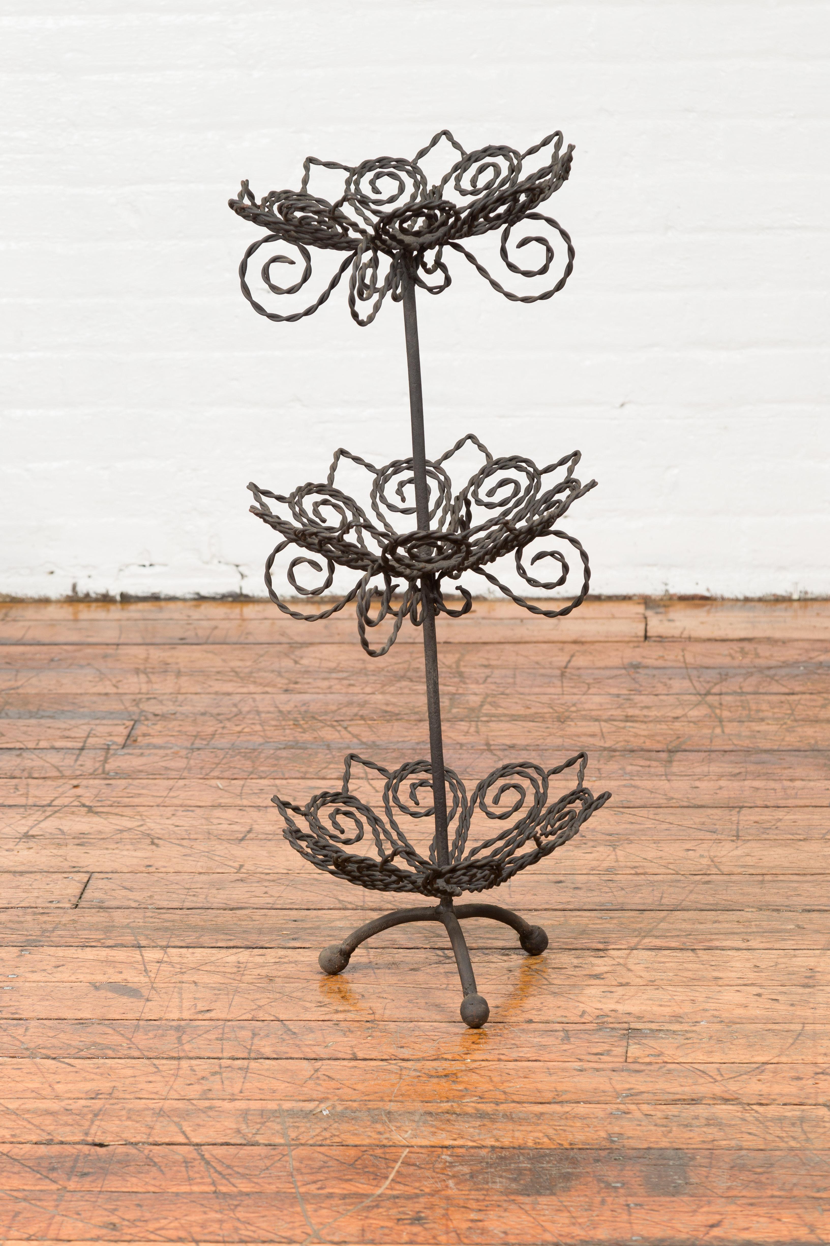 Vintage Bronze Three-Tiered Stand with Dark Patina and Scrolled Motifs For Sale 5