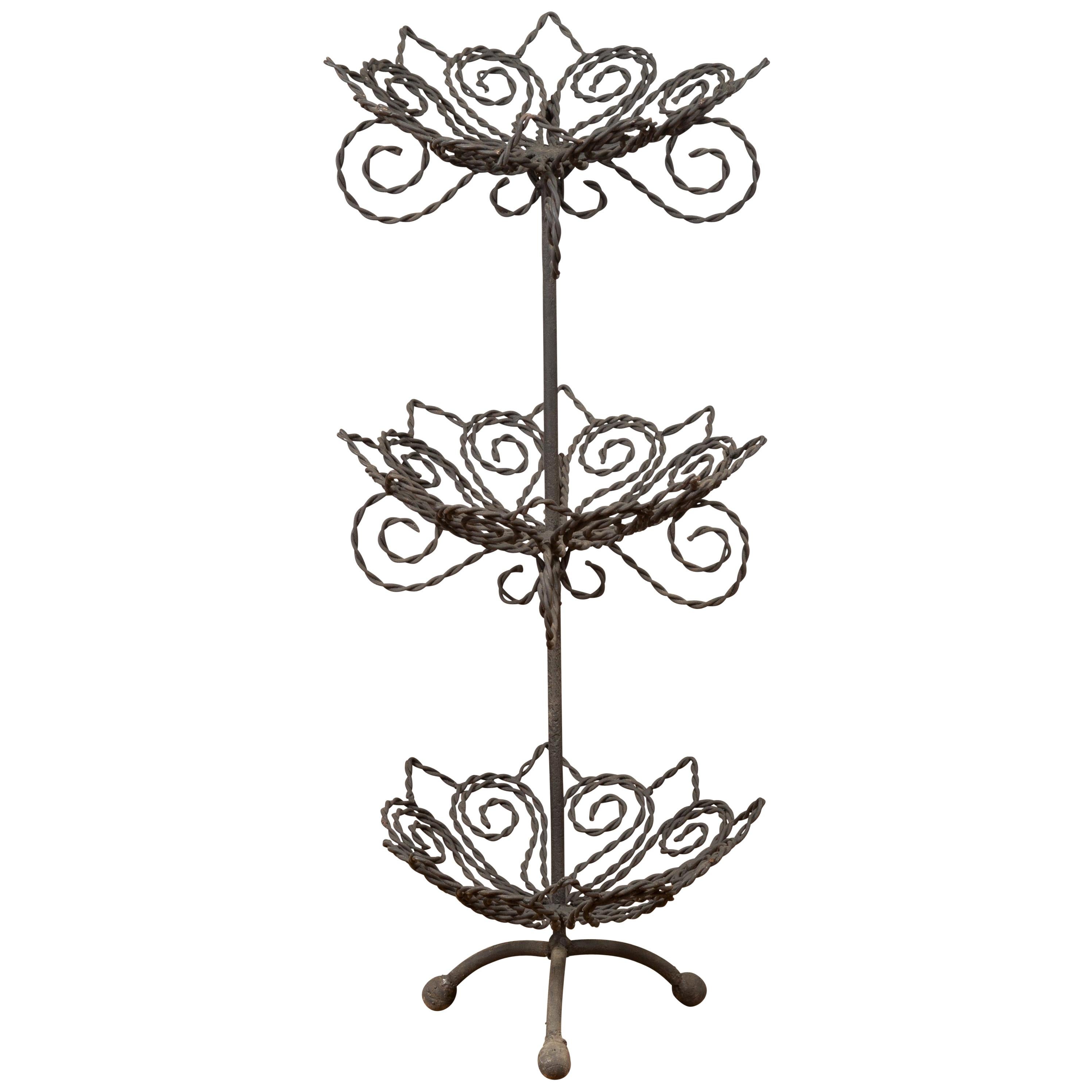 Vintage Bronze Three-Tiered Stand with Dark Patina and Scrolled Motifs For Sale