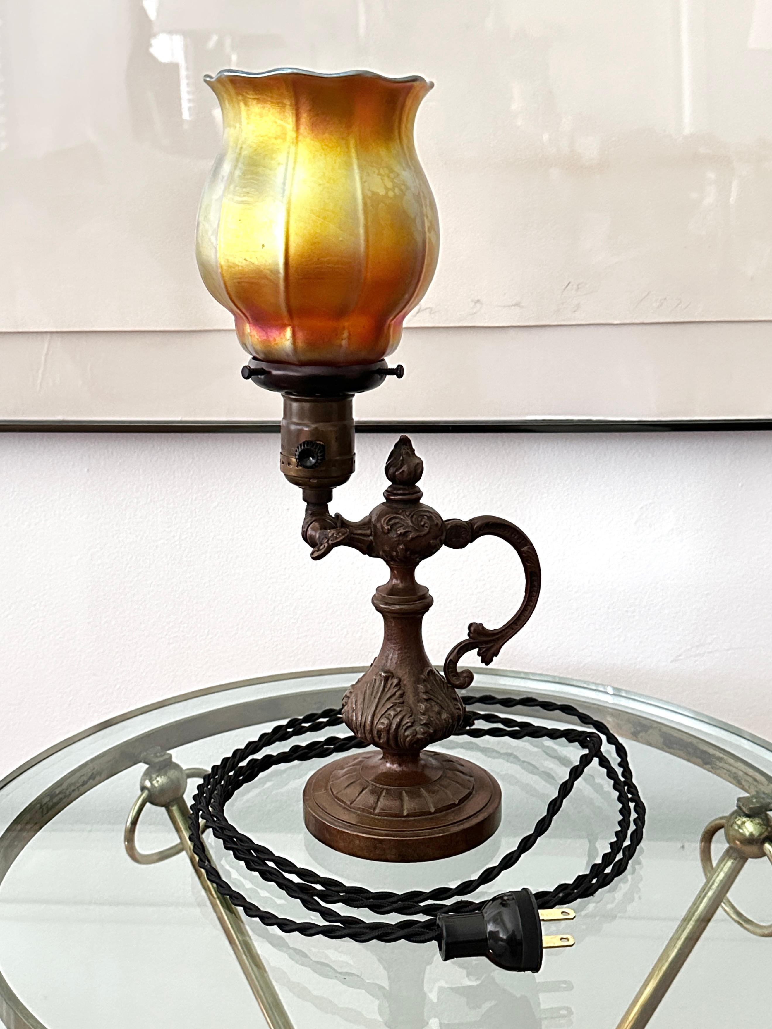 Vintage Bronze Tiffany Style Table / Wall Lamp With Steuben Shade For Sale 7