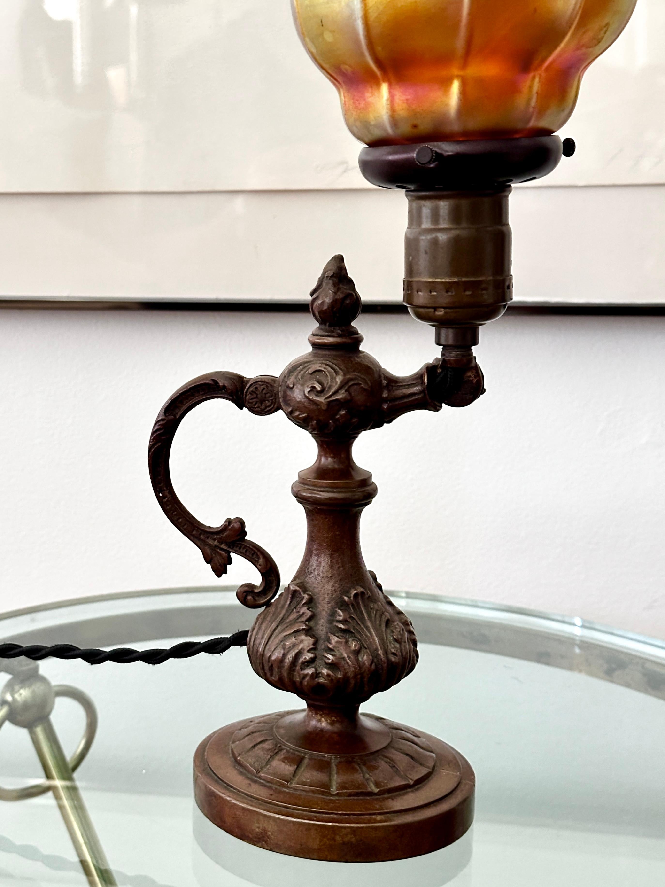 Edwardian Vintage Bronze Tiffany Style Table / Wall Lamp With Steuben Shade For Sale