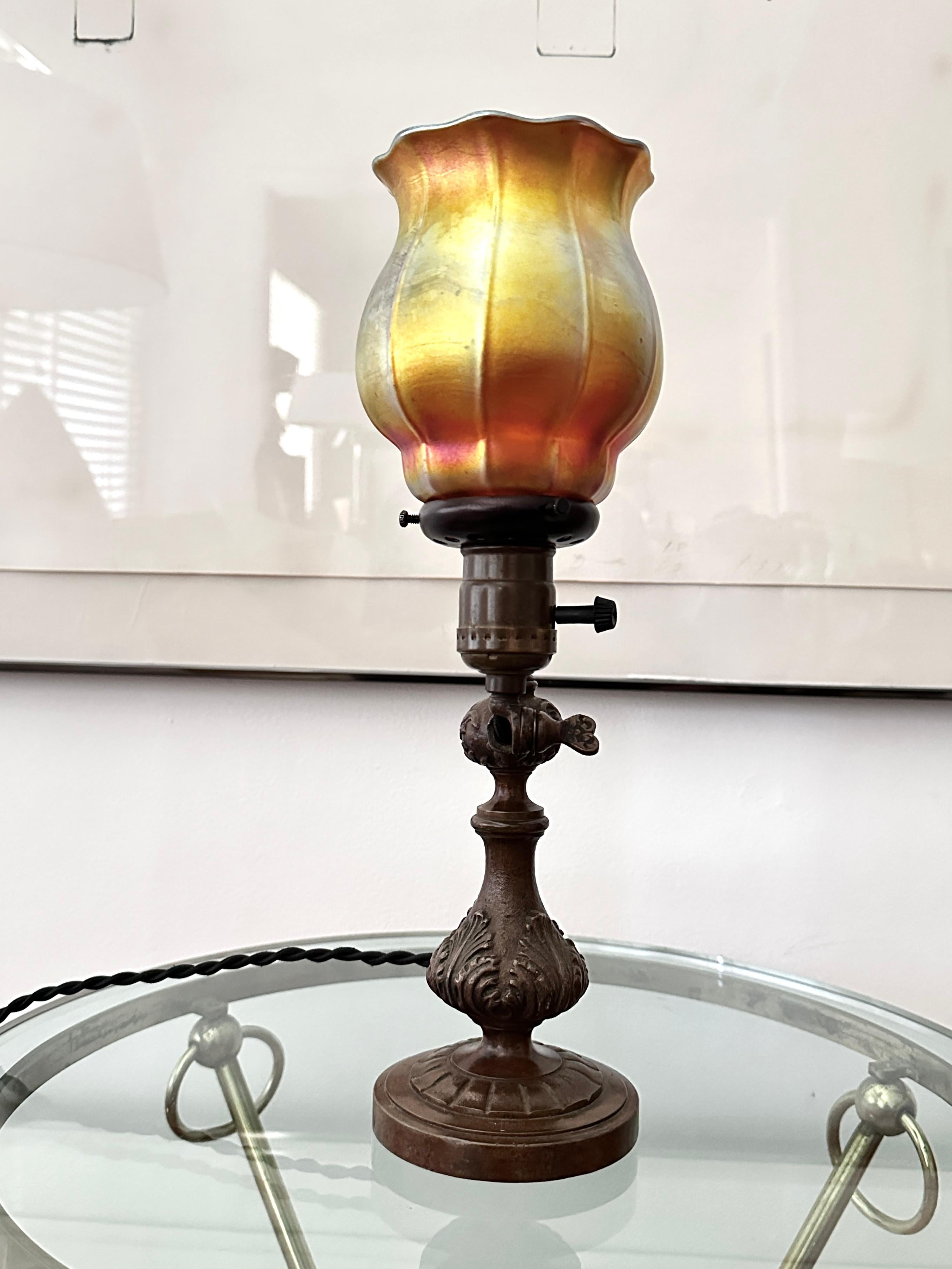American Vintage Bronze Tiffany Style Table / Wall Lamp With Steuben Shade For Sale