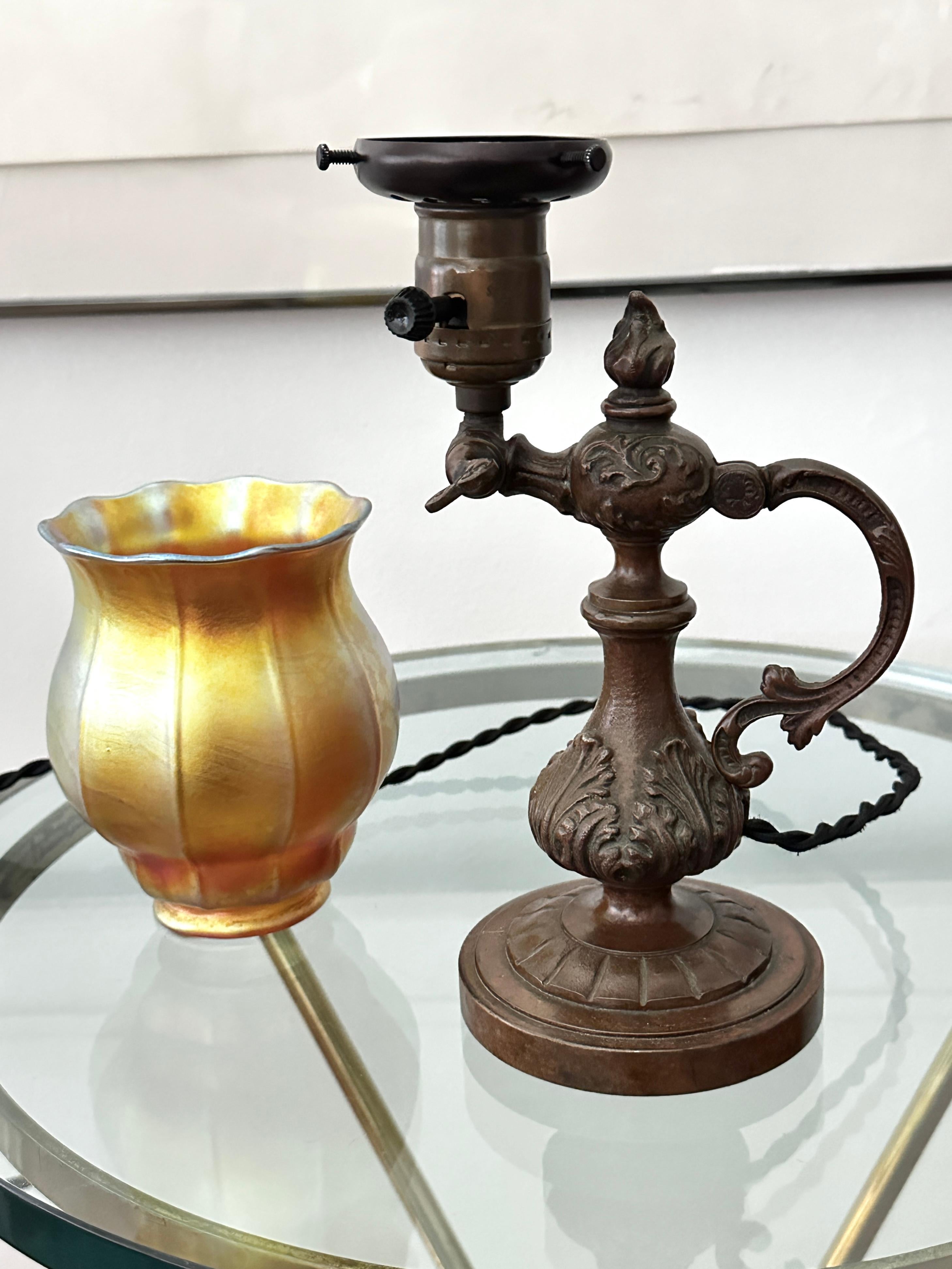 Vintage Bronze Tiffany Style Table / Wall Lamp With Steuben Shade For Sale 2